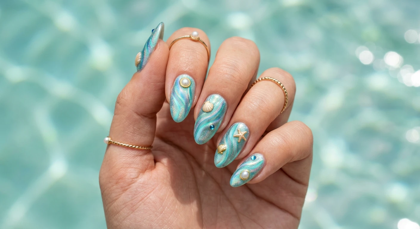 A beautiful macro photograph of one hand displaying an iridescent mermaid waves and mini shells nail design in sharp detail. The nails feature holographic, flowing aqua wave patterns topped with tiny, delicate 3D seashell charms. High-resolution, sharp focus on the nails. Aesthetic background with shimmering, soft blue-green water ripples catching the light. Modern, Instagram-worthy photography style. No faces visible, focus ONLY on the nails and hand., macro nail photography, high quality, Instagram-worthy, clean composition