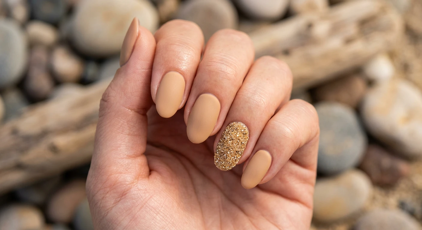 A beautiful macro photograph of one hand displaying a textured nail design in high-resolution, sharp focus. Most nails feature a warm, sun-kissed beige base with a velvety matte top coat, while one accent nail stands out with a highly detailed, 3D "sugar sand" effect made of ultra-fine golden and tan particles. No faces visible, focus ONLY on the nails and hand. Modern, Instagram-worthy photography style, set against an aesthetic, softly blurred background of smooth beach pebbles and natural driftwood., macro nail photography, high quality, Instagram-worthy, clean composition