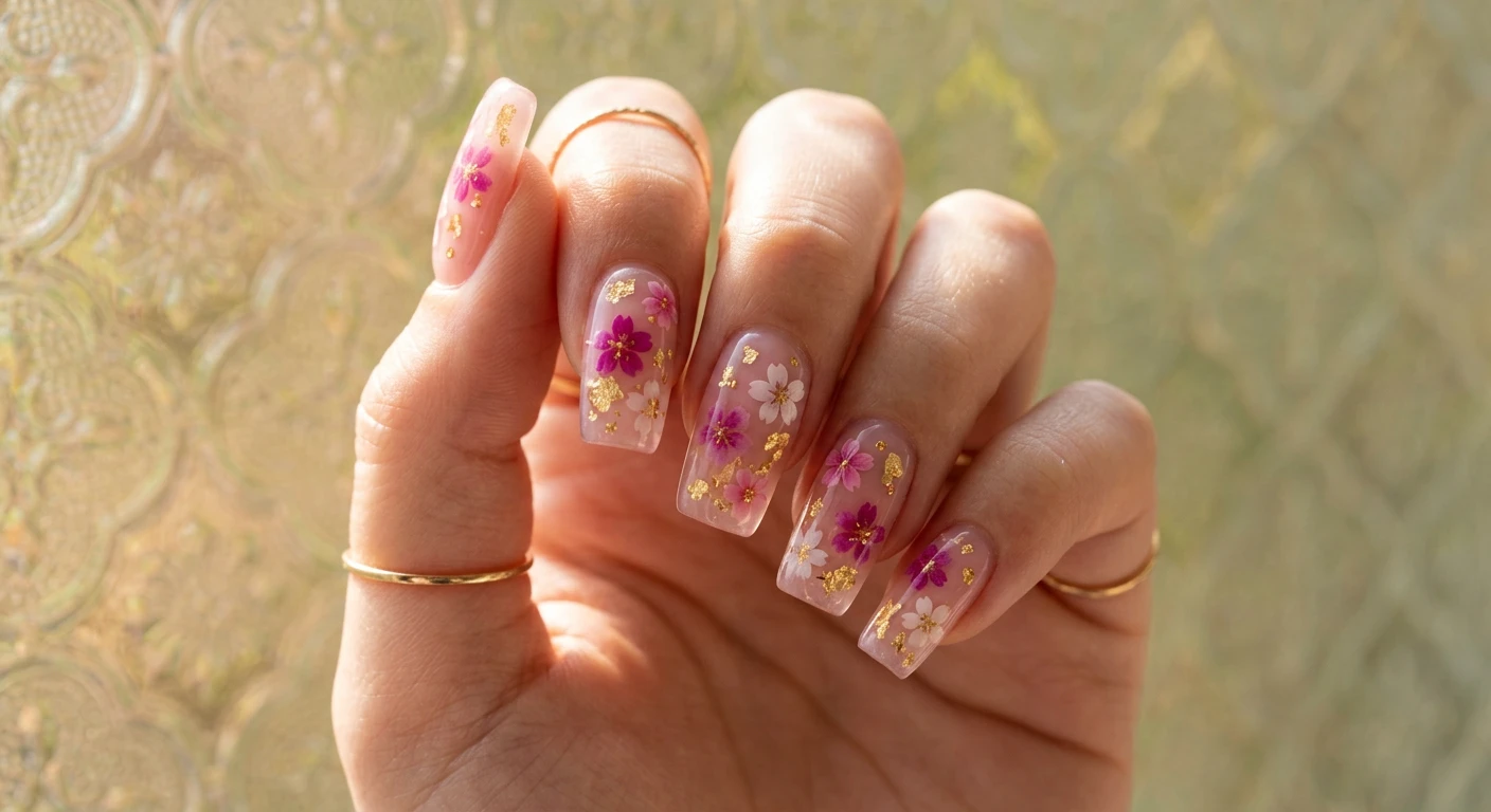 A beautiful macro photograph of one hand displaying medium-length square nails with a gold flake and sakura jelly aesthetic. The thick, translucent milky pink jelly polish allows natural light to pass through, revealing encapsulated 3D cherry blossom decals in vibrant magenta and soft white. Delicate, glowing gold flakes are thoughtfully scattered among the floral clusters deep within the gel. High-resolution, sharp focus on the nails. The background features aesthetic dappled sunlight shining through textured glass. Modern, Instagram-worthy beauty photography style. No faces visible, focus ONLY on the nails and hand., macro nail photography, high quality, Instagram-worthy, clean composition
