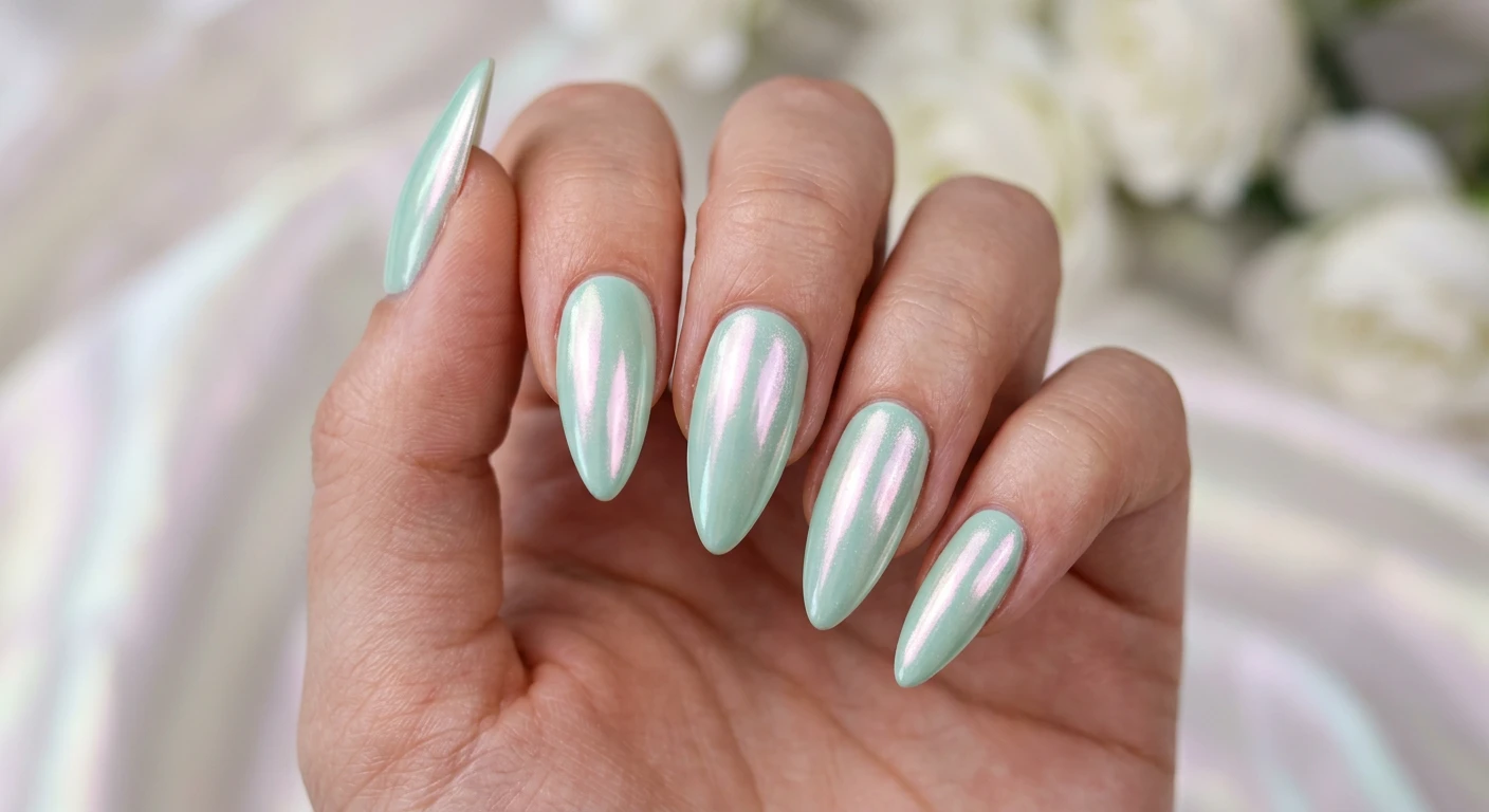 A beautiful macro photograph of one hand displaying luminous glazed mint chrome nails. The long nails are meticulously filed into a sharp, flattering almond shape. The base is an opaque, pastel mint green flawlessly rubbed with a high-shine, iridescent pearlescent chrome powder that reflects ethereal flashes of soft pink and silver light. High-resolution, sharp focus highlighting the glossy, mirror-like finish. The aesthetic background consists of a dreamy, soft-focus pearlescent drape. Modern, Instagram-worthy photography style, completely faceless composition., macro nail photography, high quality, Instagram-worthy, clean composition