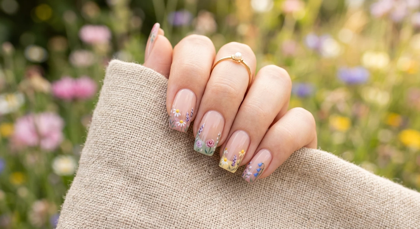 A beautiful macro photograph of one hand displaying a modern French manicure where the traditional white tips are replaced by a delicate, hand-painted wildflower garden twist in pastel hues. High-resolution, sharp focus on the nails. The hand gently rests on a rustic woven linen cloth with an aesthetic background of a deeply blurred, sunlit meadow. Modern, Instagram-worthy photography style. No faces visible, focus ONLY on the nails and hand., macro nail photography, high quality, Instagram-worthy, clean composition