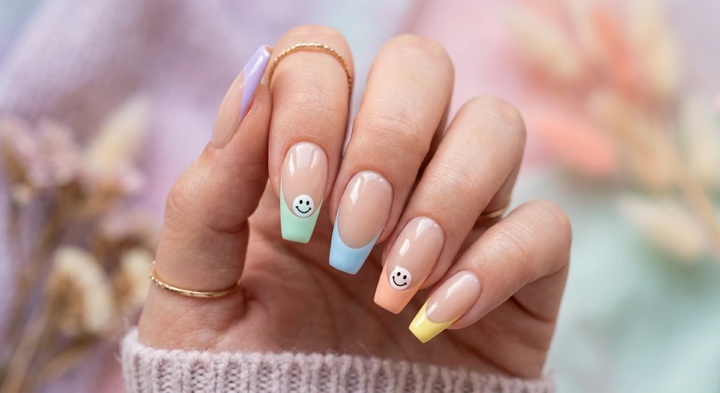 A beautiful macro photograph of one hand displaying a classic coffin nail shape with a sheer sand-colored base and alternating pastel-colored French tips in lavender, mint green, baby blue, peach, and lemon yellow. Resting exactly on the smile line of the French tip on the middle and pinky fingers are small, contrasting smiley faces in stark white. High-resolution, sharp focus on the nails. The background is an aesthetic, soft pastel dreamscape with gentle, diffused lighting. Modern, Instagram-worthy photography style. No faces visible, focus ONLY on the nails and hand., macro nail photography, high quality, Instagram-worthy, clean composition