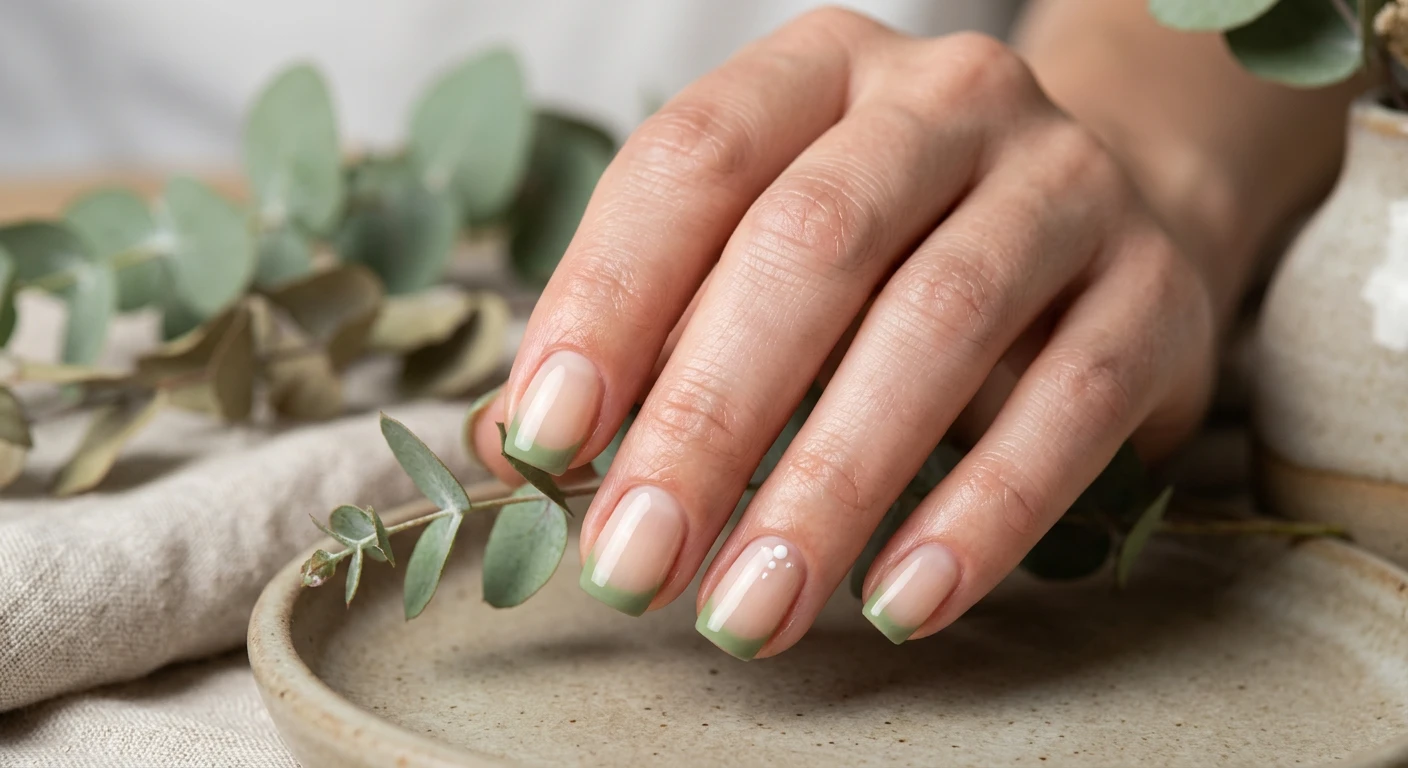 A beautiful macro photograph of one hand displaying short square nails with softly rounded edges. The design features a sheer, natural cream base that flawlessly blurs the natural nail, paired with modern, deep French tips painted in a soft, muted matcha green polish. The middle finger includes a tiny, minimalist white accent. High-resolution, sharp focus on the nails and hand only, no faces visible. Modern, Instagram-worthy photography style with an aesthetic background of blurred fresh eucalyptus leaves, ceramic textures, and soft lighting., macro nail photography, high quality, Instagram-worthy, clean composition