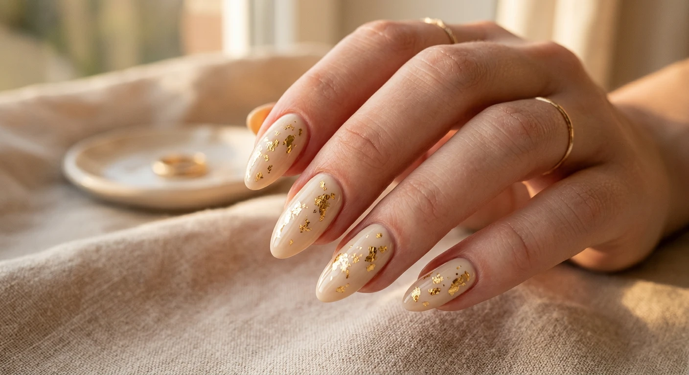 A beautiful macro photograph of one hand displaying a creamy almond nail design with gold flecks in detail. High-resolution, sharp focus on the perfectly shaped almond nails painted in a creamy opaque beige, delicately accented with scattered, highly reflective gold leaf flakes. Aesthetic background of blurred warm beige linen and subtle golden hour lighting. Modern, Instagram-worthy photography style. No faces visible, focus ONLY on the nails and hand., macro nail photography, high quality, Instagram-worthy, clean composition