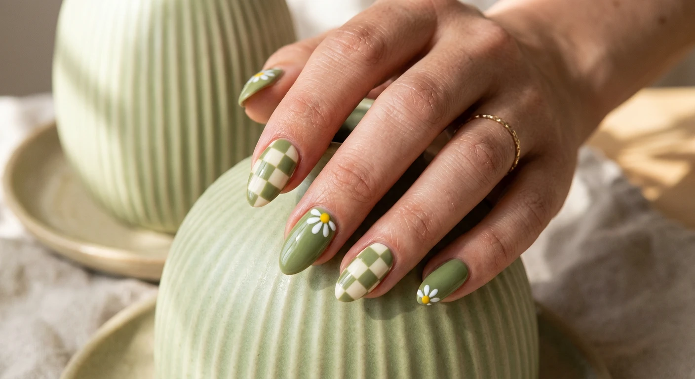 A beautiful macro photograph of one hand displaying a matcha green and daisy checkerboard nail design in detail. High-resolution, sharp focus on the nails featuring trendy, muted matcha green and cream checkerboard patterns on alternating fingers, paired with solid matcha bases topped with bright, crisp white daisies. Aesthetic background of soft pale green ribbed ceramics and warm shadows. Modern, Instagram-worthy photography style, no faces visible, focus ONLY on the nails and hand., macro nail photography, high quality, Instagram-worthy, clean composition