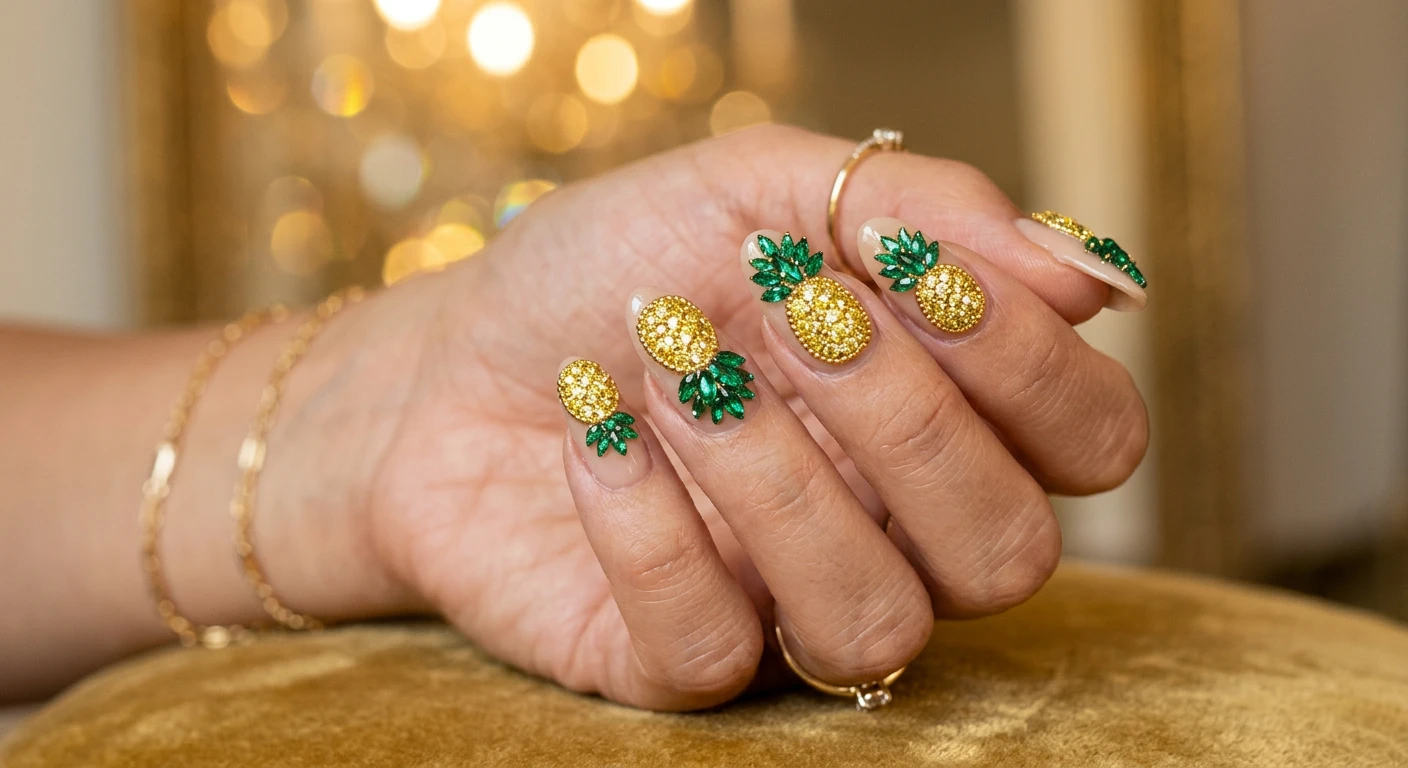 A beautiful macro photograph of one hand displaying luxurious 3D gemstone pineapple glam nail art. The nails feature a glossy, opaque neutral base heavily encrusted with sparkling yellow diamonds and emerald green crystals carefully arranged to form textured, 3D pineapples. High-resolution, ultra-sharp focus on the jeweled nails catching the light. The aesthetic background is a softly blurred, glamorous golden bokeh. Modern, luxurious, Instagram-worthy photography style. No faces visible, focus strictly on the hand and nails., macro nail photography, high quality, Instagram-worthy, clean composition