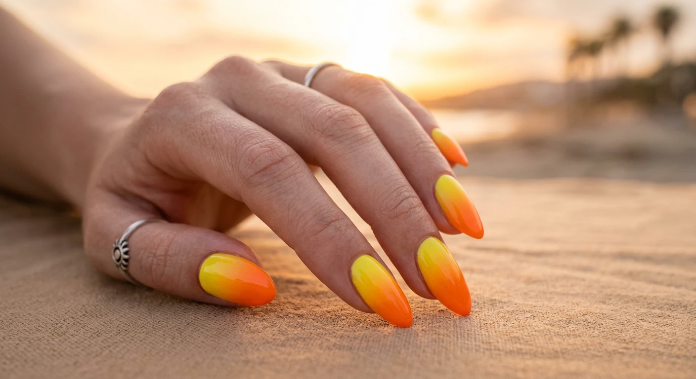 A beautiful macro photograph of one hand displaying a bold sunset citrus ombré blend on the nails, highlighted by a seamless color gradient transitioning from vibrant lemon yellow to deep tropical orange. High-resolution, sharp focus on the nails. The background evokes a warm summer sunset with diffused, glowing golden-hour lighting. Modern, Instagram-worthy photography style. No faces visible, focus ONLY on the nails and hand., macro nail photography, high quality, Instagram-worthy, clean composition