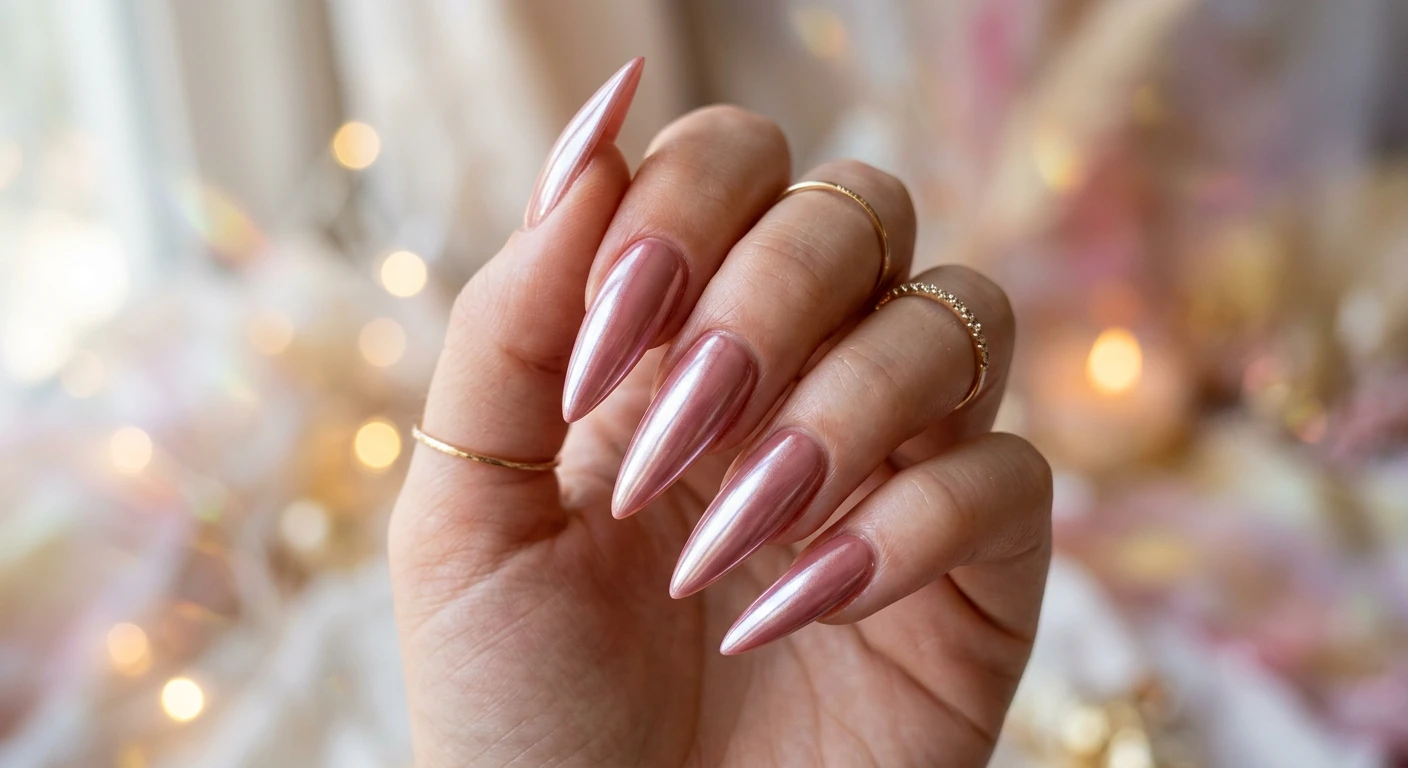 A beautiful macro photograph of one hand displaying long stiletto nails coated in a rich, warm dusty rose base, finished with an iridescent white chrome powder. The nails are highly reflective, glossy, and pearlescent, creating a luminous, glowing effect under the lighting with no distinct patterns. High-resolution, sharp focus on the gleaming nail texture. The background is an aesthetic, softly blurred dreamy setup with ethereal light flares. Modern, Instagram-worthy photography style. No faces visible, focus exclusively on the hand and nail art., macro nail photography, high quality, Instagram-worthy, clean composition