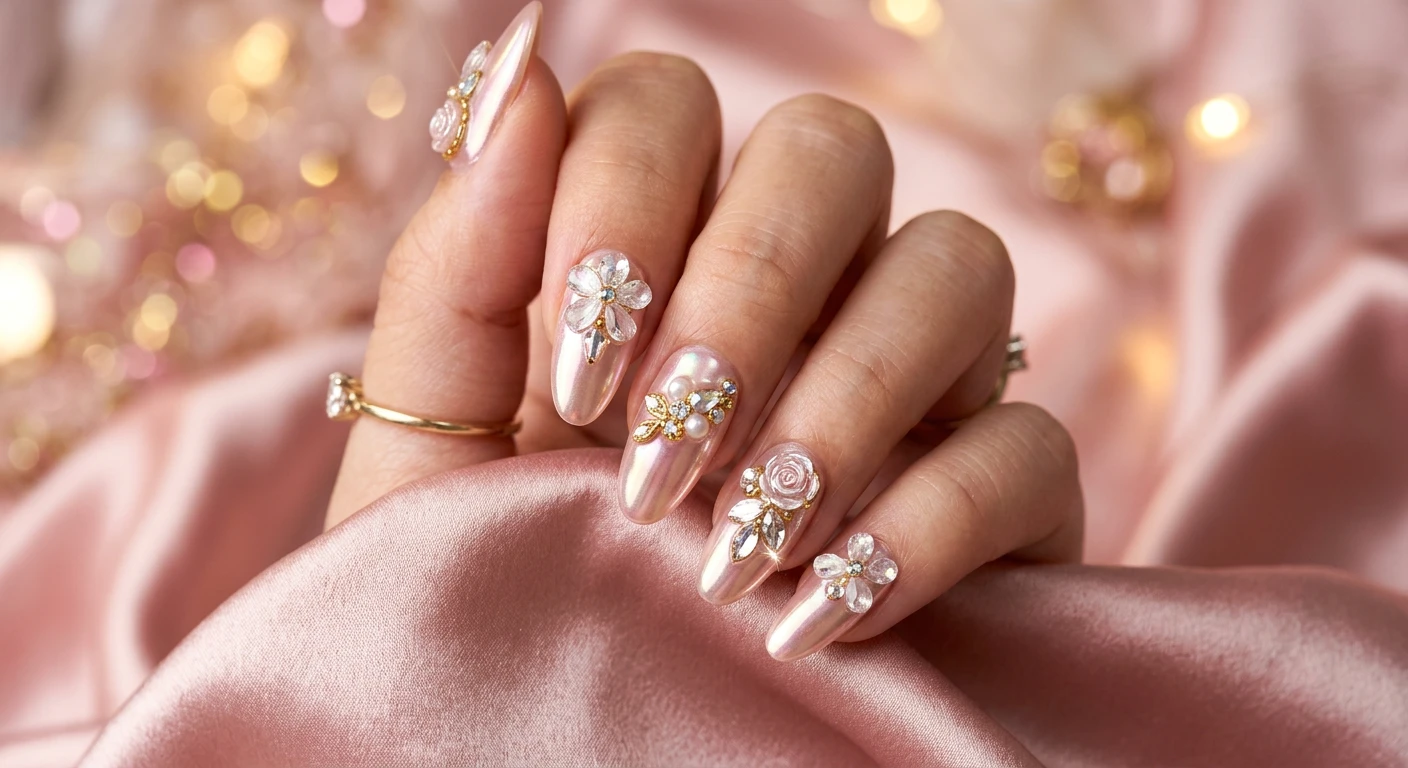 A beautiful macro photograph of one hand displaying glowing glazed doughnut chrome nails decorated with glamorous 3D crystal floral petals. High-resolution, sharp focus on the iridescent shimmer and sparkling jewel-toned embellishments. Aesthetic background featuring glossy satin and sparkling warm bokeh lights. Modern, Instagram-worthy high-fashion photography style. No faces visible, focus ONLY on the nails and hand., macro nail photography, high quality, Instagram-worthy, clean composition