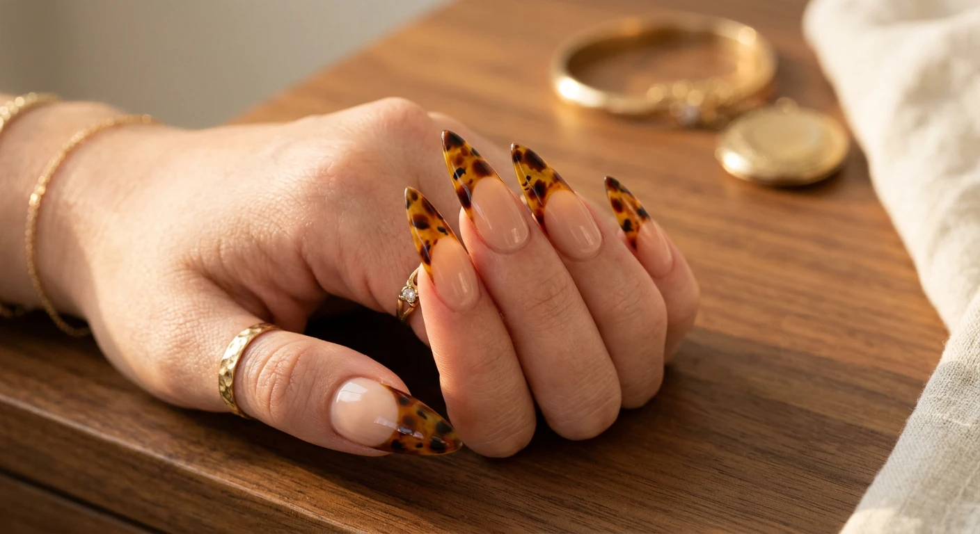 A beautiful macro photograph of one hand displaying long stiletto-shaped nails with a pristine, sheer sand-colored base. The tips showcase a deep, dramatic French curve filled with a highly realistic, translucent tortoiseshell pattern made of layered amber jelly polish, blurred dark mahogany brown spots, and sharp black flecks. High-resolution, sharp focus on the detailed nail art. The hand rests on a polished warm wood surface with vintage gold jewelry accents in the soft-focus background. Modern, chic, Instagram-worthy photography style, warm golden hour lighting. No faces visible, focus ONLY on the nails and hand., macro nail photography, high quality, Instagram-worthy, clean composition