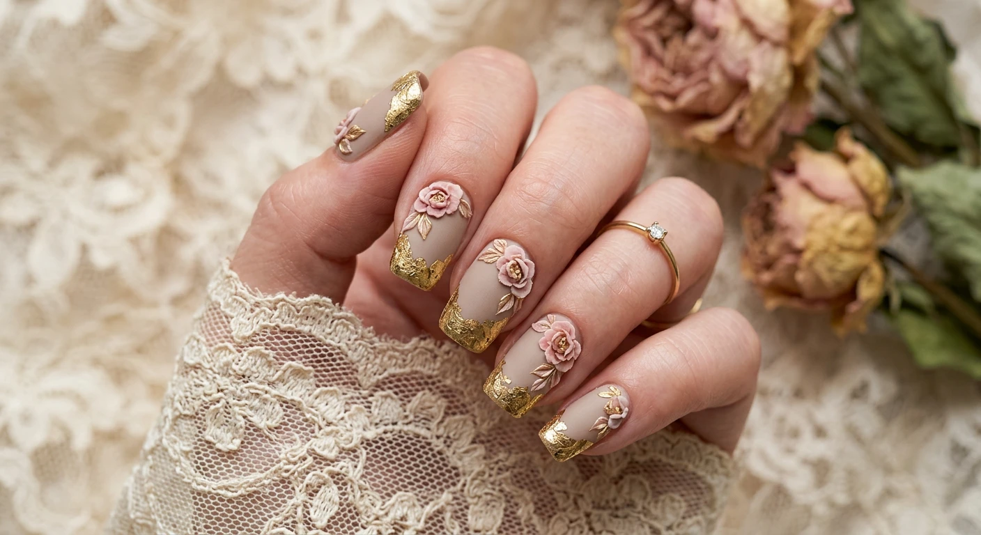 A beautiful macro photograph of one hand displaying a full-coverage, dusty sand-toned nail design. Heavy, textured chunks of antique-toned gold leaf are densely placed along the free edge of the nails, paired with intricate 3D peony floral accents. High-resolution, sharp focus on the nails. The aesthetic background exudes historical elegance, featuring blurred vintage lace and muted, dried peonies. Modern, Instagram-worthy photography style. No faces visible, focus ONLY on the nails and hand., macro nail photography, high quality, Instagram-worthy, clean composition