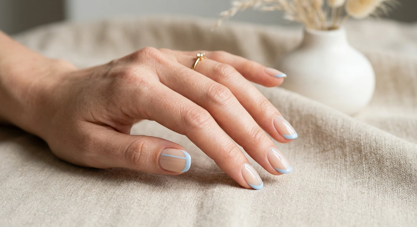 A beautiful macro photograph of one hand displaying a minimalist French with a twist nail design in detail. The nails have a pristine sheer beige base, finished with ultra-thin, asymmetrical baby blue French tips and subtle modern geometric lines. High-resolution, sharp focus on the nails. The aesthetic background is a clean, textured beige linen cloth with a blurred white ceramic vase in the distance. Modern, Instagram-worthy photography style, crisp and clean studio lighting. No faces visible, focus ONLY on the nails and hand., macro nail photography, high quality, Instagram-worthy, clean composition