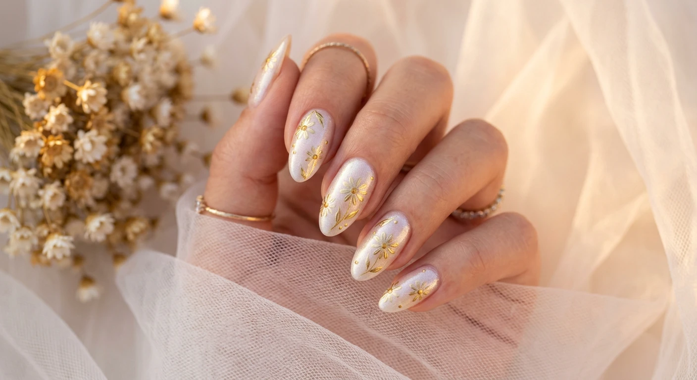 A beautiful macro photograph of one hand exhibiting a subtle shimmer and golden daisy nail design in detail. High-resolution, sharp focus on the nails featuring a translucent, glowing pearl shimmer base accented with delicate daisies painted in reflective metallic gold polish. Aesthetic background of warm, golden-hour light reflecting off soft, sheer white tulle. Modern, Instagram-worthy photography style, no faces visible, focus ONLY on the nails and hand., macro nail photography, high quality, Instagram-worthy, clean composition