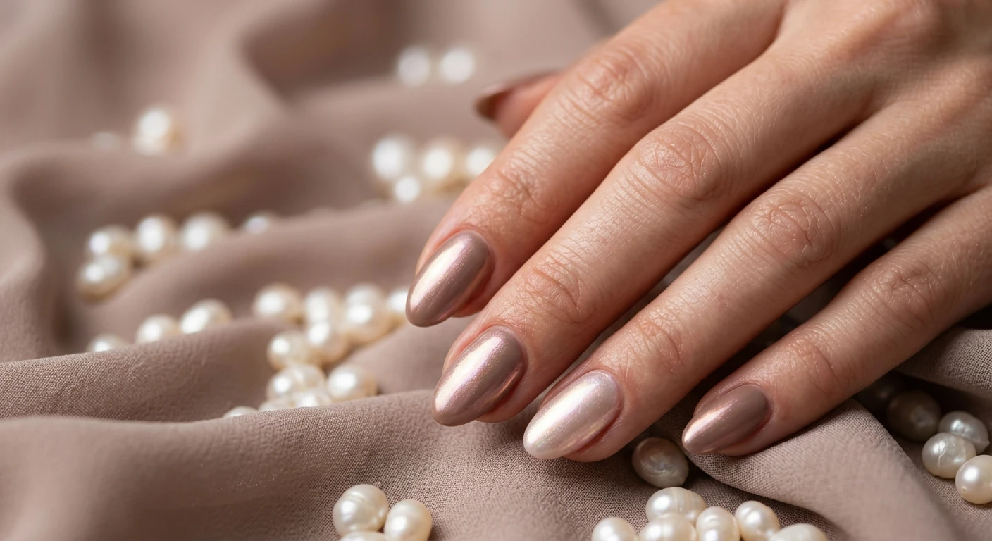 A beautiful macro photograph of one hand exhibiting a soft pearl over warm taupe nail design in detail. High-resolution, sharp focus on the iridescent, glowing pearlescent topcoat layered over a rich, warm taupe base color. Aesthetic background of gently scattered freshwater pearls resting on soft, flowing taupe chiffon. Modern, Instagram-worthy photography style. No faces visible, focus ONLY on the nails and hand., macro nail photography, high quality, Instagram-worthy, clean composition