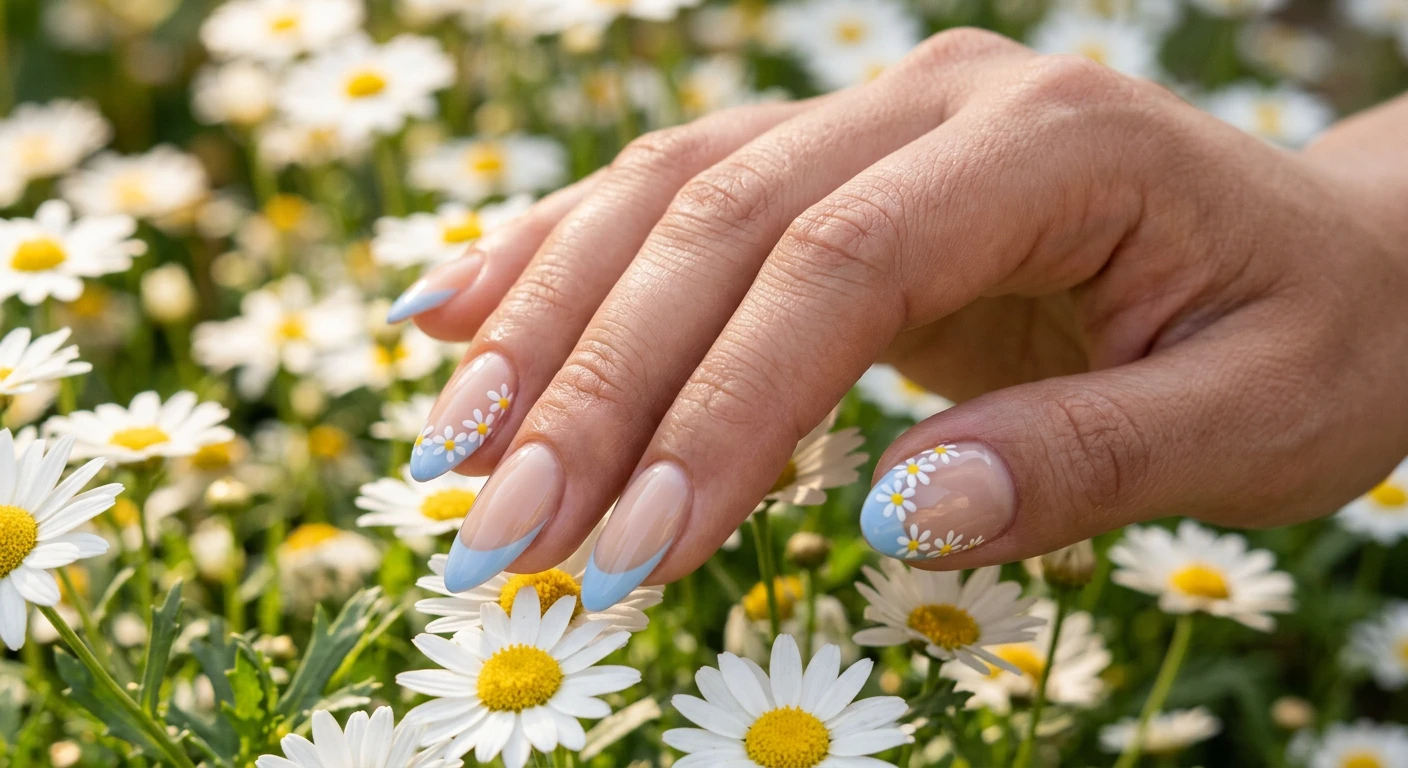 A beautiful macro photograph of one hand featuring almond-shaped nails with a sheer beige base and classic baby blue French manicure tips. Two accent nails show tiny, delicate white daisy flowers with bright yellow centers painted precisely along the baby blue smile line. High gloss top coat finish. The hand is gently posed against an aesthetic, soft-focus background of fresh spring daisies and warm sunlight. High-resolution, sharp focus on the nails, modern Instagram-worthy photography style, no faces visible., macro nail photography, high quality, Instagram-worthy, clean composition
