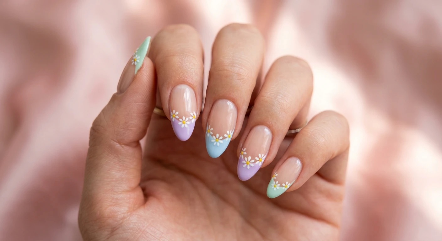 A beautiful macro photograph of one hand featuring a pastel French tip meadow nail design in detail. High-resolution, sharp focus on the nails which showcase alternating soft mint, lavender, and baby blue French tips beautifully decorated with hand-painted white daisies along the smile line. Aesthetic background of blurred soft pink silk and subtle spring sunlight. Modern, Instagram-worthy photography style, no faces visible, focus ONLY on the nails and hand., macro nail photography, high quality, Instagram-worthy, clean composition