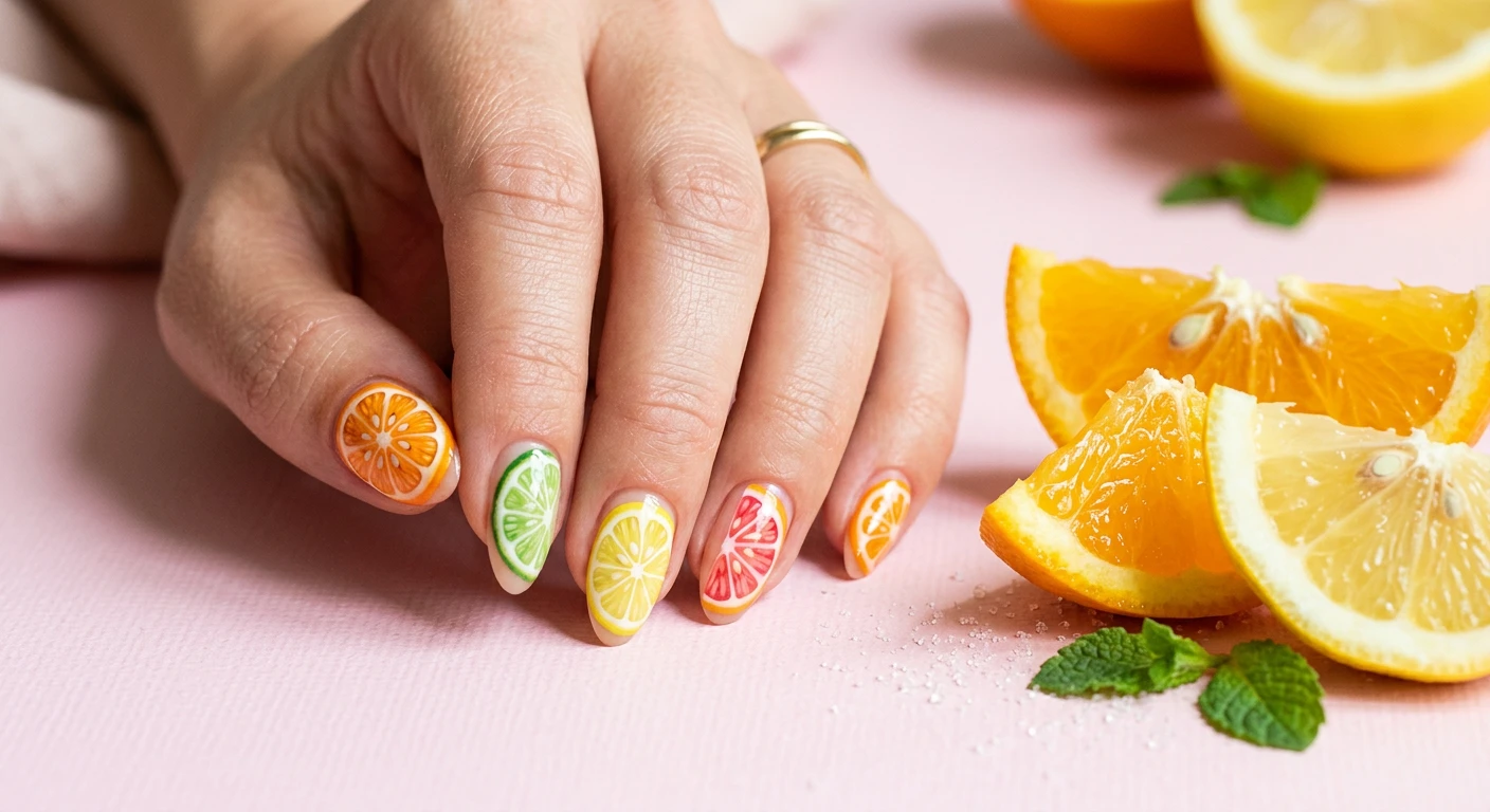 A beautiful macro photograph of one hand featuring playful, highly detailed hand-painted citrus slice accent art on the nails, capturing the bright essence of summer fruits. High-resolution, sharp focus on the nails. The hand is posed gently next to fresh lemon and orange wedges on a clean, pastel pink background. Modern, Instagram-worthy photography style. No faces visible, focus ONLY on the nails and hand., macro nail photography, high quality, Instagram-worthy, clean composition