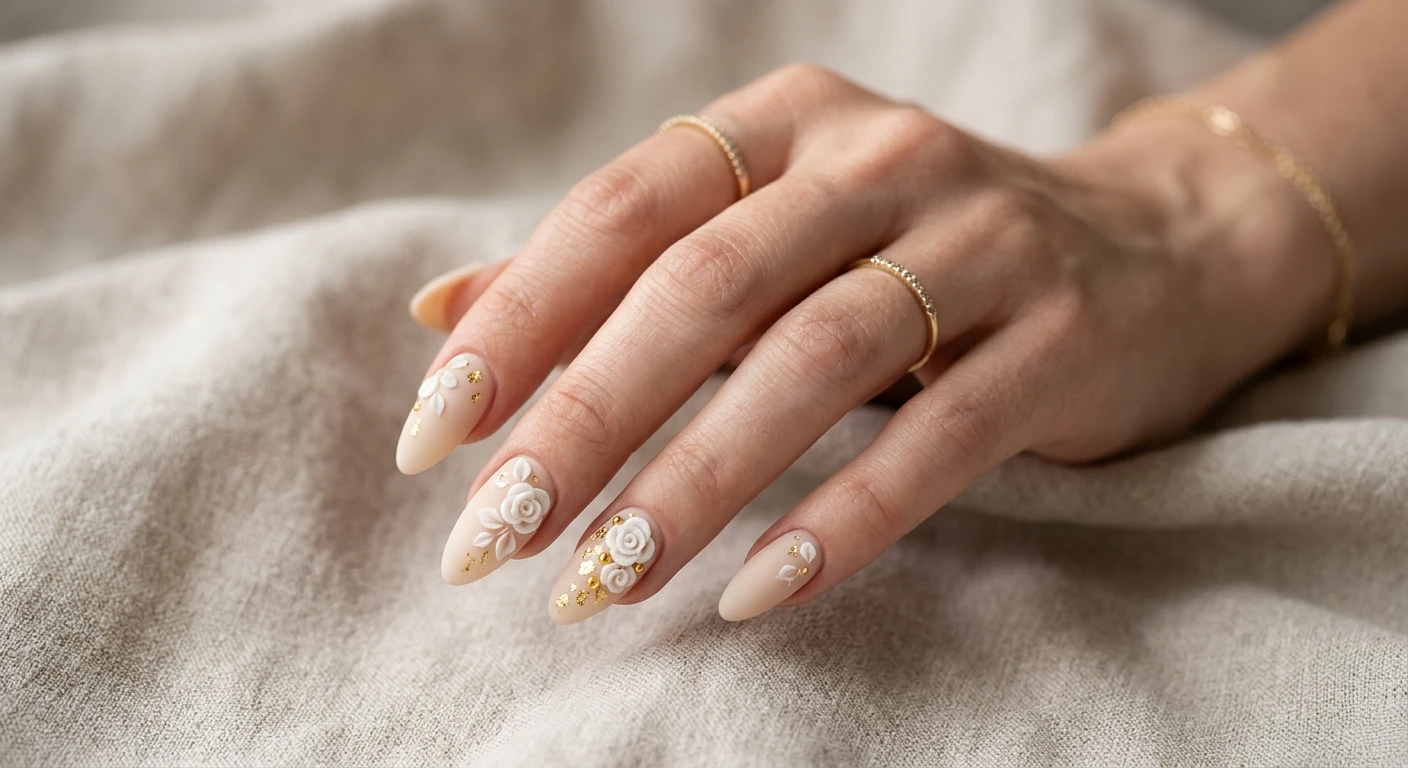 A beautiful macro photograph of one hand featuring creamy matte almond-shaped nails detailed with delicate 3D sculpted roses and scattered gold foil accents. High-resolution, sharp focus on the nails. The background is a soft, blurred neutral linen texture for a romantic aesthetic. Modern, Instagram-worthy photography style, no faces visible, focus ONLY on the nails and hand., macro nail photography, high quality, Instagram-worthy, clean composition