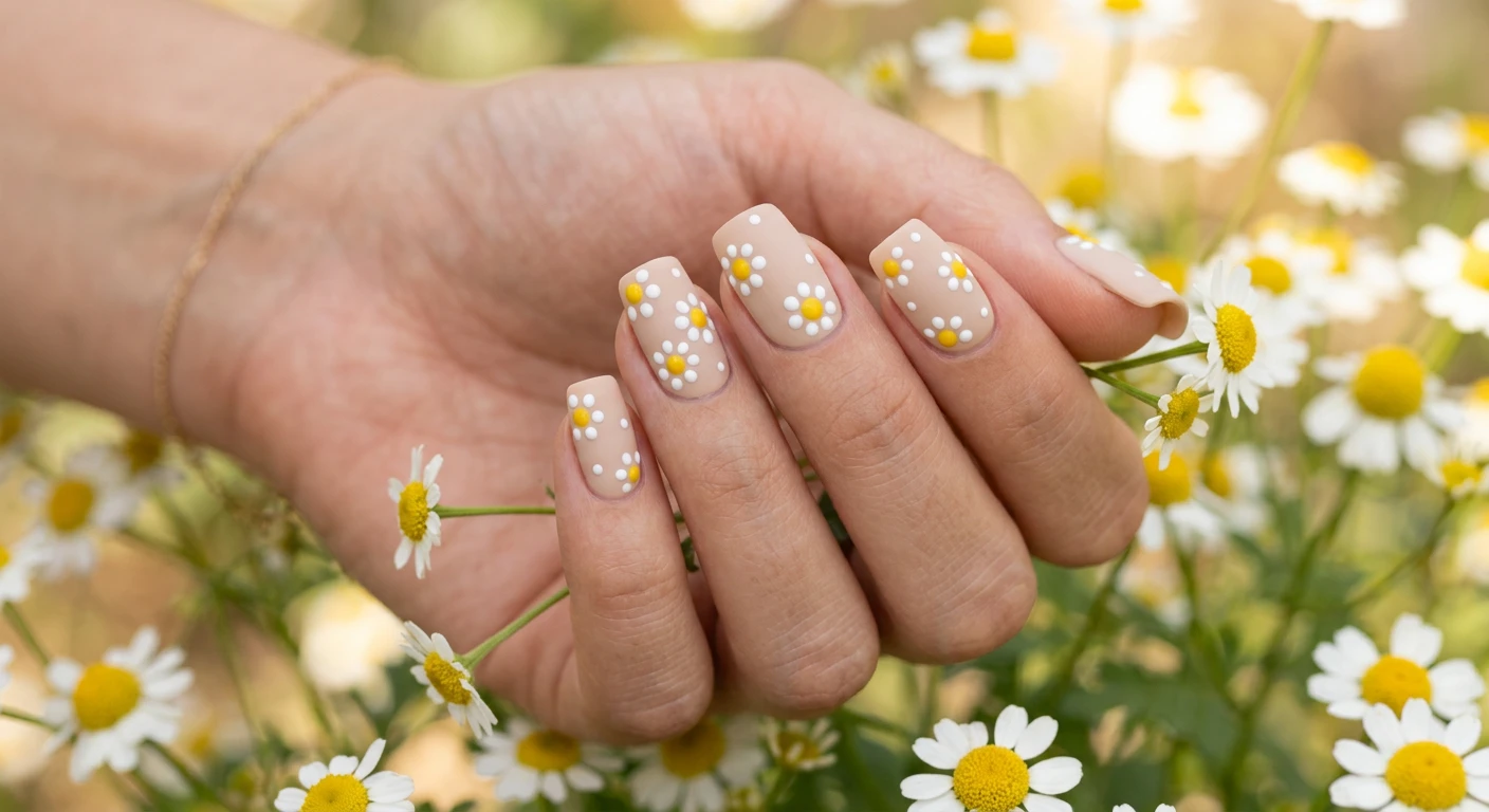 A beautiful macro photograph of one hand featuring medium-length square nails painted with effortless dotty daisies. The nails have a flawless, soft sand-colored base polish, organically scattered with minimalist daisy patterns made entirely of perfectly round, thick polish dots. The flowers have crisp white petals and bright sunshine yellow centers. High-resolution, sharp focus on the textured polish dots. The hand is posed beautifully against a blurred background of fresh chamomile flowers and soft spring sunlight. Modern, Instagram-worthy photography style. No faces visible, focus exclusively on the nails and hand., macro nail photography, high quality, Instagram-worthy, clean composition