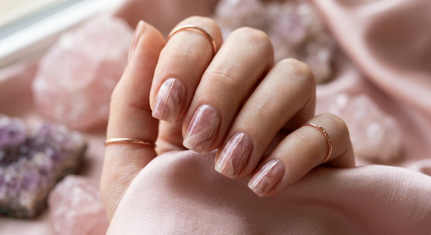 A beautiful macro photograph of one hand featuring short squoval nails with a highly glossy marble effect. The design swirls together muted dusty rose, soft cream, and sheer blush tones to mimic polished rose quartz crystal, beautifully accented by a single ultra-thin metallic rose gold vein running diagonally across the nails. High-resolution, sharp focus on the nails. Set against an aesthetic, out-of-focus background of smooth pink crystals and soft silk. Modern, Instagram-worthy photography style. No faces visible, focus exclusively on the hand and nail art., macro nail photography, high quality, Instagram-worthy, clean composition