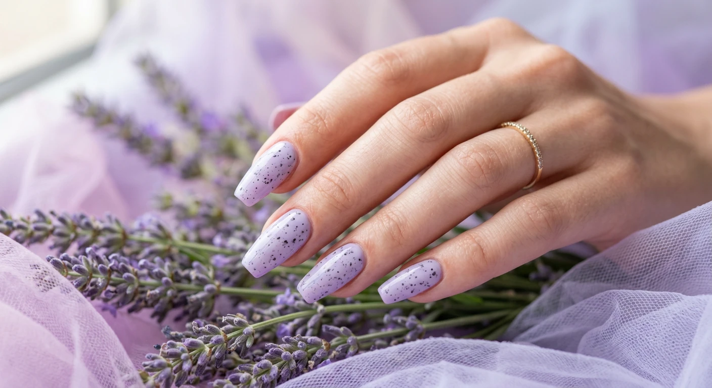 A beautiful macro photograph of one hand featuring a soft lilac lavender nail design speckled with subtle charcoal flecks to mimic a tiny bird's egg. High-resolution, sharp focus on the elegant coffin-shaped nails. The aesthetic background consists of fresh sprigs of lavender and dreamy pastel purple tulle. Modern, Instagram-worthy photography style, soft and romantic lighting. No faces visible, focus ONLY on the nails and hand., macro nail photography, high quality, Instagram-worthy, clean composition