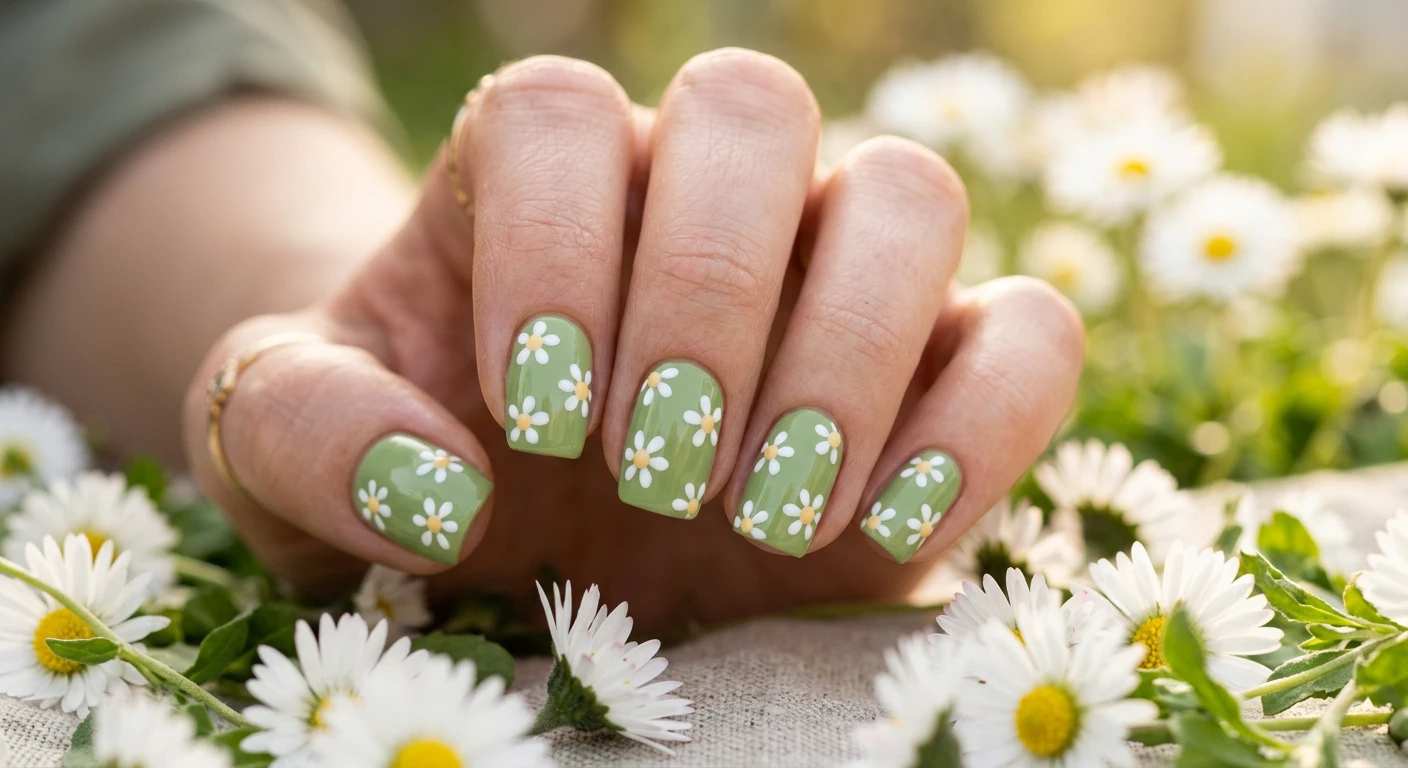 A beautiful macro photograph of one hand featuring short, neatly filed squoval nails fully painted in a solid, opaque pistachio green. The nails are decorated with scattered, delicate hand-painted daisy flowers, each with five crisp white petals and a tiny soft yellow center. High-resolution, sharp focus on the nails. The background is an aesthetic, softly blurred spring setting with fresh white daisies and warm, dappled sunlight. Modern, Instagram-worthy photography style, no faces visible, pure focus on the cheerful floral nail art., macro nail photography, high quality, Instagram-worthy, clean composition