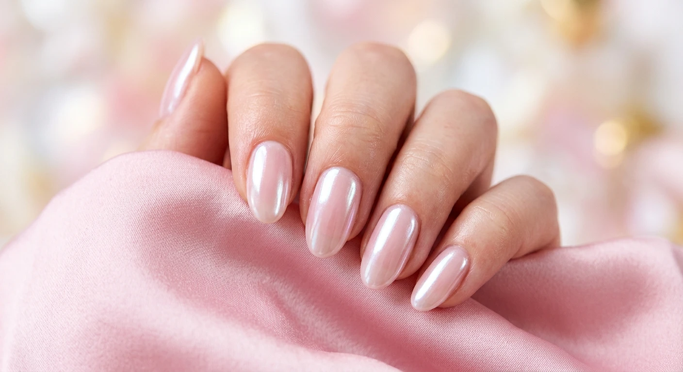 A beautiful macro photograph of one hand featuring medium-length oval shaped nails painted with a translucent, soft milky-pink jelly polish. The nails are topped with a finely milled pearlescent white chrome powder creating a seamless, iridescent, glazed-donut reflection. High-resolution, sharp focus on the ultra-glossy nail texture. The hand is gently touching soft pink silk fabric, surrounded by a bright, dreamy pastel aesthetic background. Modern, Instagram-worthy photography style, luminous and glowing lighting. No faces visible, focus ONLY on the nails and hand., macro nail photography, high quality, Instagram-worthy, clean composition