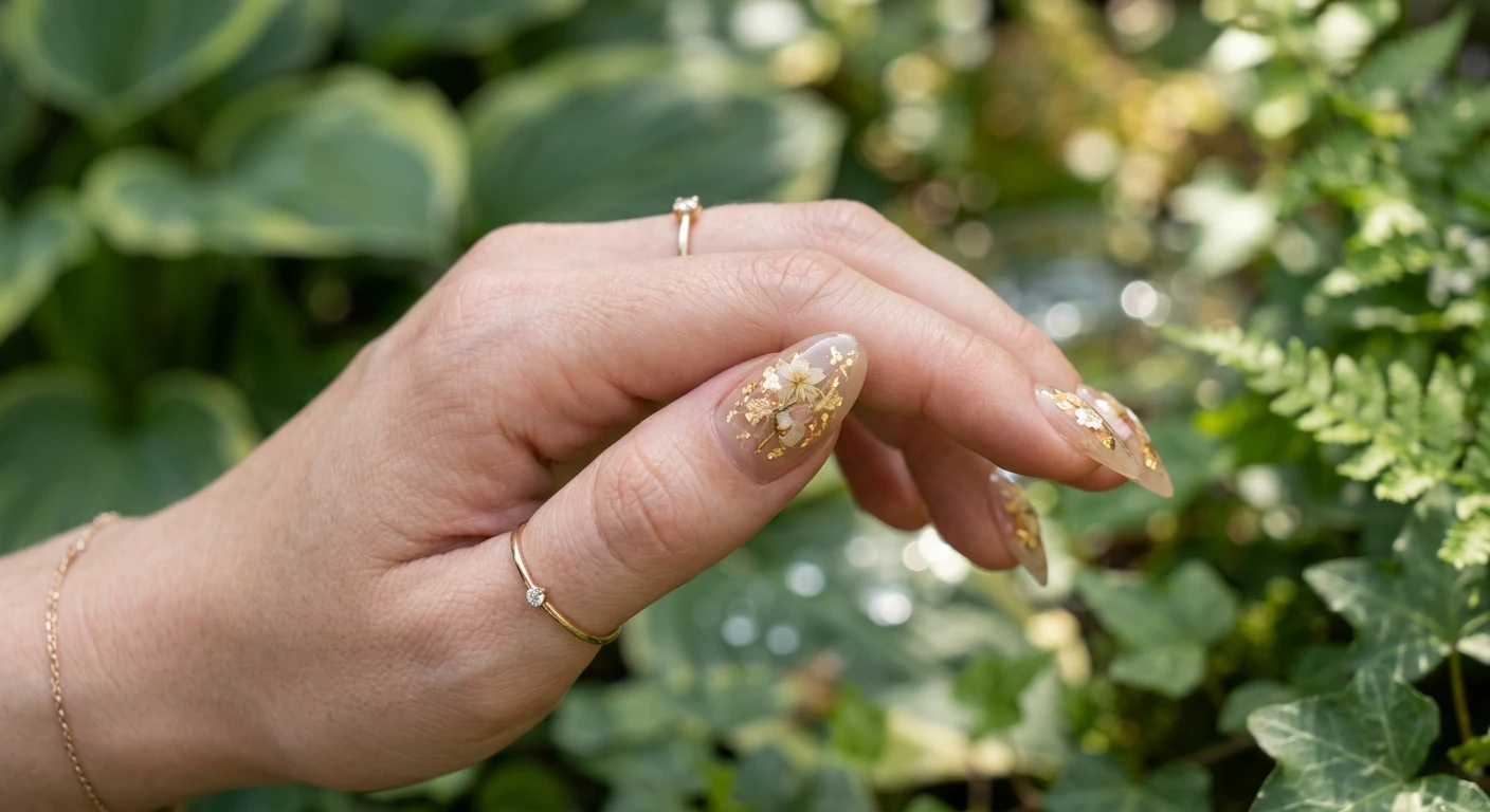 A beautiful macro photograph of one hand featuring a jelly-like, translucent beige glass manicure. Iridescent gold foil flakes and ethereal 3D floral elements are beautifully suspended between the layers, creating incredible depth. High-resolution, sharp focus on the nails. The aesthetic background is a soft-focus secret garden setting with blurred muted green foliage and subtle glass-like reflections. Modern, Instagram-worthy photography style. No faces visible, focus ONLY on the nails and hand., macro nail photography, high quality, Instagram-worthy, clean composition