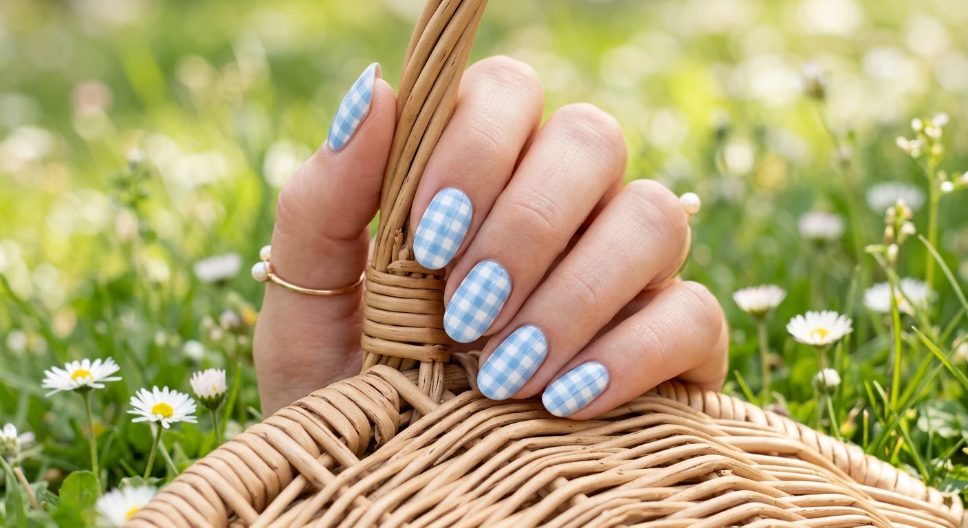 A beautiful macro photograph of one hand featuring a pastel gingham picnic nail design in detail. The nails display a crisp, intricate baby blue and white checkered gingham pattern with a flawless glossy top coat. High-resolution, sharp focus on the nails. The hand is gently holding the edge of a woven wicker basket against a blurred background of fresh green spring grass and tiny daisies. Modern, Instagram-worthy photography style, bright natural daylight. No faces visible, focus ONLY on the nails and hand., macro nail photography, high quality, Instagram-worthy, clean composition