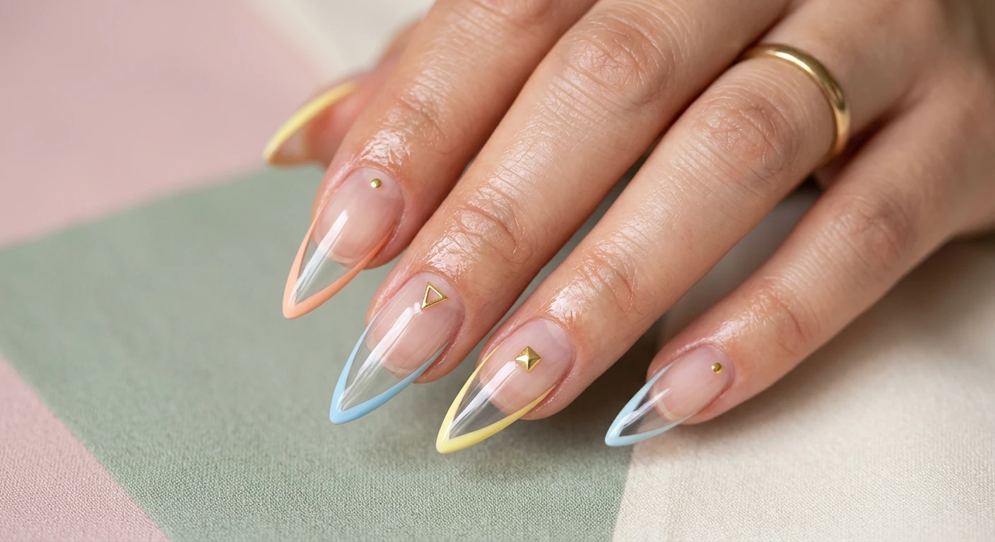 A beautiful macro photograph of one hand featuring long stiletto-shaped nails with a flawless, high-shine clear gel base acting as a negative space canvas. Thin, ultra-precise geometric borders in pastel yellow, peach, and sky blue trace only the outermost edges and tips of the nails. Tiny, 3D geometric gold studs, including triangles and squares, cleverly accent the look. High-resolution, sharp focus exclusively on the hand and nails, with no faces visible. Modern, Instagram-worthy photography style set against a clean, aesthetic background of subtle pastel color-blocking and crisp studio lighting., macro nail photography, high quality, Instagram-worthy, clean composition