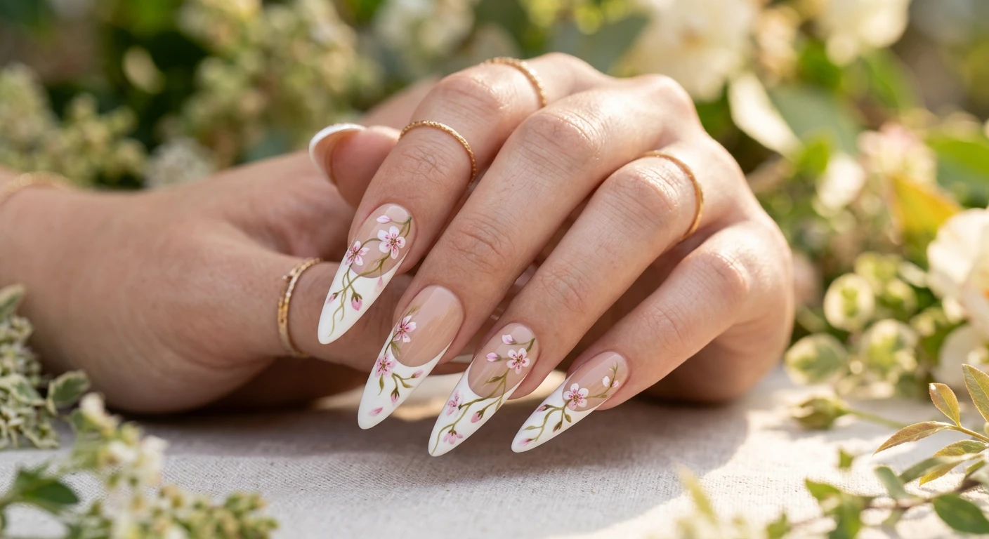 A beautiful macro photograph of one hand featuring long stiletto nails with elegant French tip cherry blossom vines. The smooth sand-colored base is topped with a crisp, opaque white French tip. Cascading downward from the tips are intricate cherry blossom vines, featuring twisting, ultra-thin olive-green stems dotted with delicate pink blossoms. High-resolution, sharp focus on the nails. The background is an aesthetic, blurred botanical setting with soft natural greenery and warm sunlight. Modern, Instagram-worthy beauty photography style. No faces visible, focus ONLY on the nails and hand., macro nail photography, high quality, Instagram-worthy, clean composition
