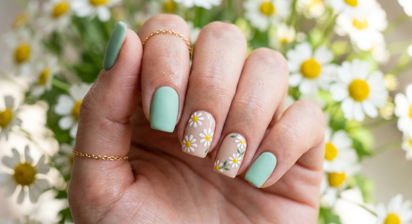 A beautiful macro photograph of one hand featuring blooming spring floral nail art. The short nails are filed into a crisp square shape with slightly rounded corners. The thumb, index, and pinky showcase a solid, velvety matte mint green polish. The middle and ring fingers feature a glossy, soft sand-colored base beautifully decorated with hand-painted white micro-daisies. High-resolution, sharp focus on the delicate floral details. The aesthetic background incorporates a soft, out-of-focus bouquet of fresh spring daisies. Modern, Instagram-worthy photography style, no faces visible., macro nail photography, high quality, Instagram-worthy, clean composition