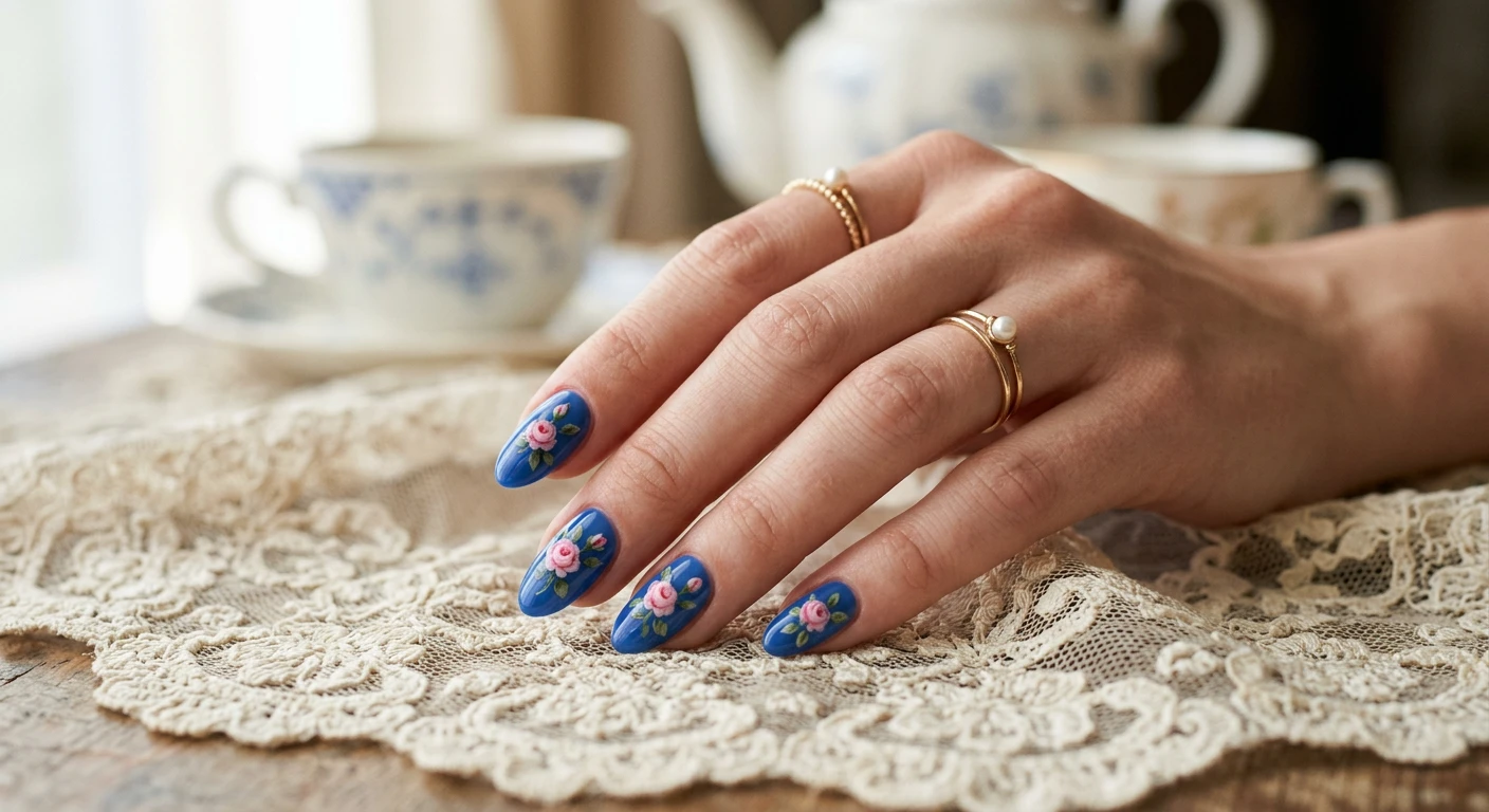 A beautiful macro photograph of one hand featuring a vintage porcelain blue nail base, intricately accented with tiny, realistic pink rosebud micro-florals. High-resolution, sharp focus on the nails. The hand is poised elegantly over antique lace, with an aesthetic background of out-of-focus fine china teacups. Modern, Instagram-worthy photography style. No faces visible, focus ONLY on the nails and hand., macro nail photography, high quality, Instagram-worthy, clean composition