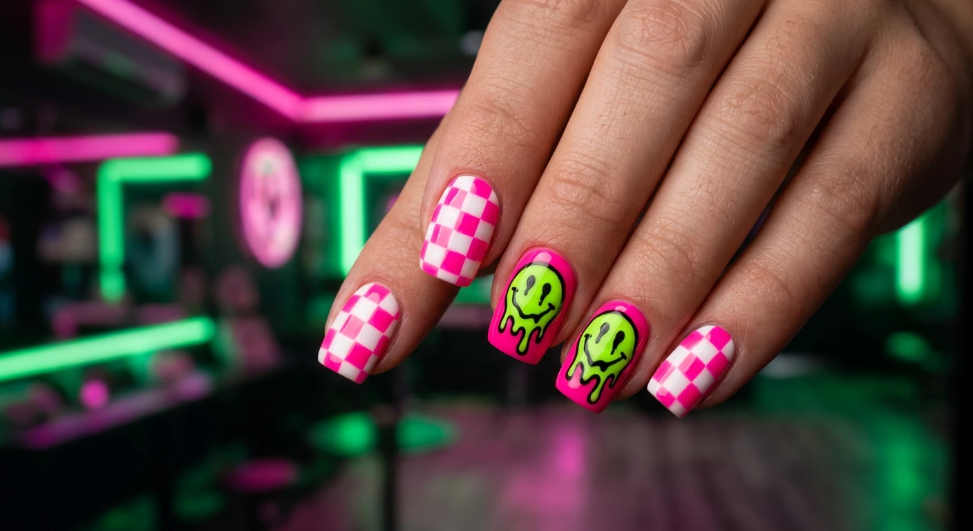 A beautiful macro photograph of one hand featuring a bold nail design on short square nails. The index and pinky fingers showcase a hand-painted checkered pattern using neon pink and crisp white squares. The middle and ring fingers feature a solid bright neon pink base topped with a large, melting smiley face in electric lime green with dripping black details. High-resolution, sharp focus on the nails. The background is an aesthetic, edgy neon-lit environment with glowing pink and green lights. Modern, Instagram-worthy photography style. No faces visible, focus ONLY on the nails and hand., macro nail photography, high quality, Instagram-worthy, clean composition
