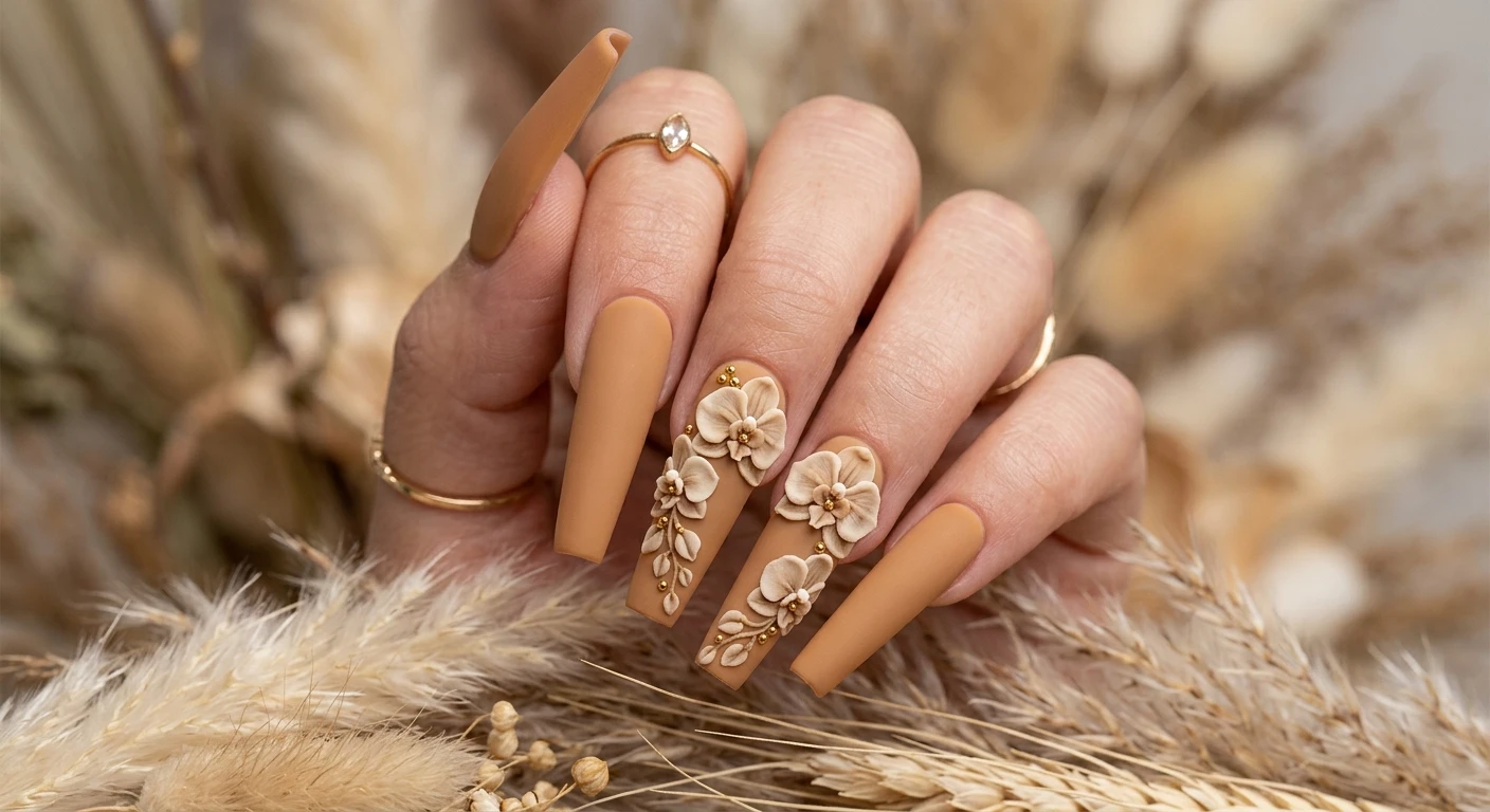 A beautiful macro photograph of one hand featuring extra-long coffin-shaped extensions covered in a rich, warm tan opaque base color with a velvety matte finish. A cascading floral effect trails down the side of the ring and middle fingers, consisting of large, expertly sculpted 3D acrylic orchids shaded in a tonal beige. High-resolution, sharp focus on the nails. Aesthetic blurred dried pampas grass background. Modern, Instagram-worthy photography style. No faces visible, focus exclusively on the nails and hand., macro nail photography, high quality, Instagram-worthy, clean composition