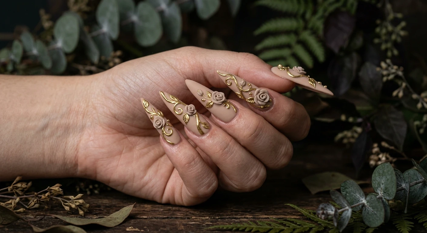 A beautiful macro photograph of one hand featuring extra-long stiletto nails with a velvety, shine-free matte beige top coat. Raised, highly textured gold chrome vines and tiny leaves wrap asymmetrically around the sharp length of the nail, with beautifully sculpted 3D neutral roses emerging from the metallic vines. High-resolution, sharp focus on the nails. Aesthetic dark, moody botanical background. Modern, Instagram-worthy photography style. No faces visible, focus ONLY on the nails and hand., macro nail photography, high quality, Instagram-worthy, clean composition