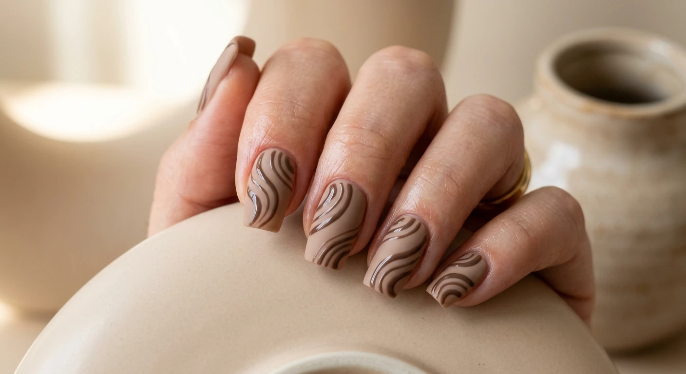 A beautiful macro photograph of one hand featuring a matte beige nail design with glossy swirls in detail. High-resolution, sharp focus highlighting the textural contrast between the velvety flat matte beige base and the raised, reflective glossy swirl patterns. Aesthetic background of smooth monochromatic beige ceramics and soft, minimalist lighting. Modern, Instagram-worthy photography style. No faces visible, focus ONLY on the nails and hand., macro nail photography, high quality, Instagram-worthy, clean composition