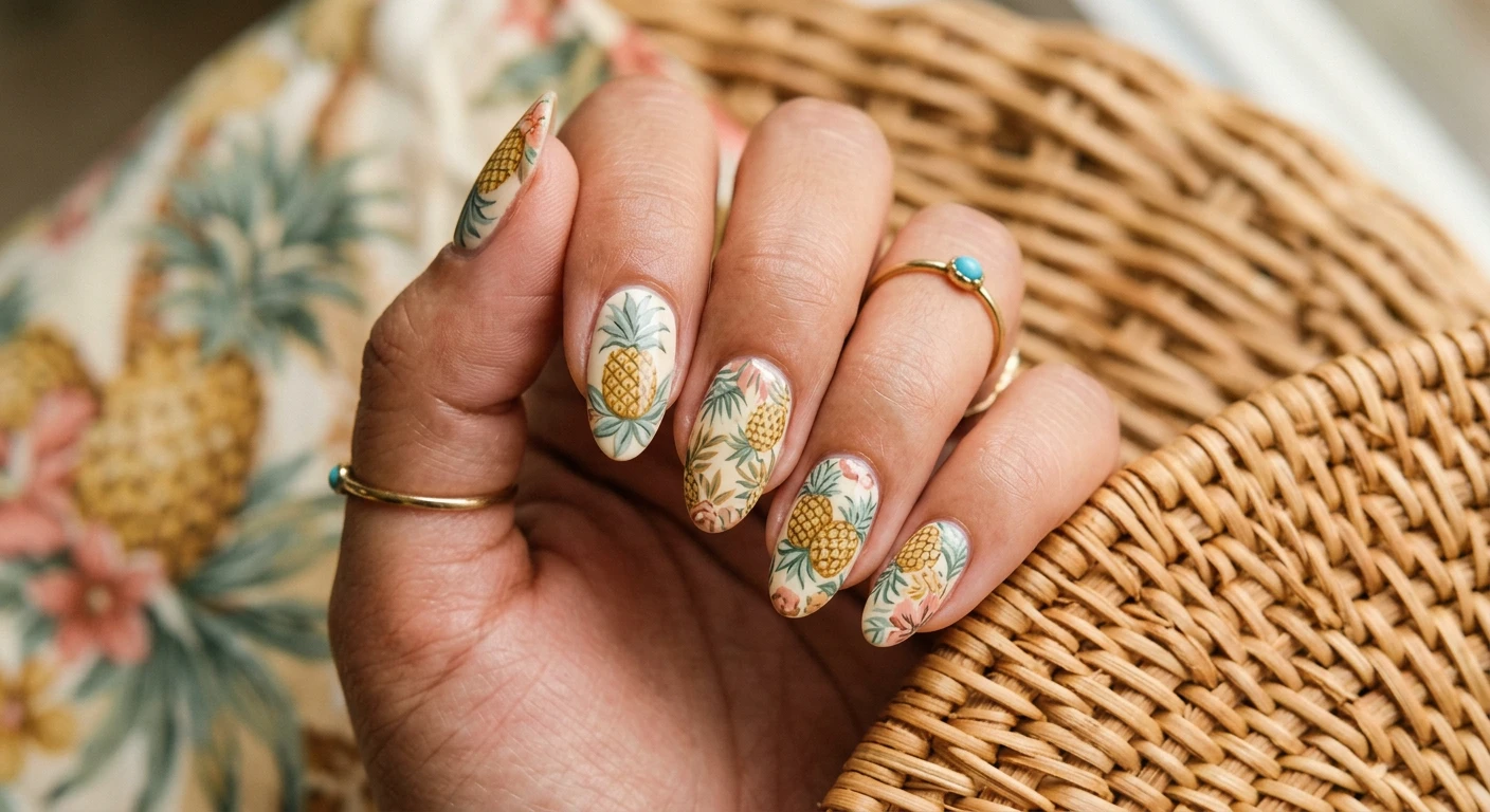 A beautiful macro photograph of one hand featuring vintage Hawaiian shirt pineapple print nail art. The nails showcase a retro aloha pattern with muted mustard yellows, sage greens, and faded coral pinks depicting classic printed pineapples and tropical foliage. High-resolution, sharp focus on the detailed, hand-painted fabric-like patterns on the nails. The background is a softly blurred, woven rattan texture mixed with vintage tropical fabric. Modern, trendy, Instagram-worthy photography style. No faces visible, focus strictly on the hand and nails., macro nail photography, high quality, Instagram-worthy, clean composition