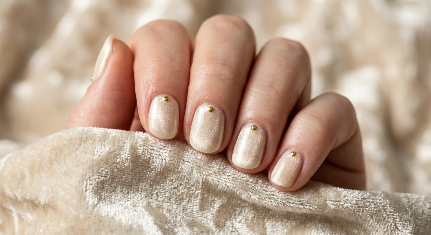 A beautiful macro photograph of one hand featuring short, natural round-shaped nails in detail. The manicure is coated entirely in a plush, creamy ivory polish with a deep magnetic velvet effect that appears to shimmer. A single, perfectly round tiny gold metallic stud is placed exactly at the base of each nail right above the cuticle. High-resolution, sharp focus on the nails, gently resting on an aesthetic crushed cream velvet fabric. Modern, Instagram-worthy photography style to capture the glowing velvet polish texture. No faces visible, focus ONLY on the nails and hand., macro nail photography, high quality, Instagram-worthy, clean composition