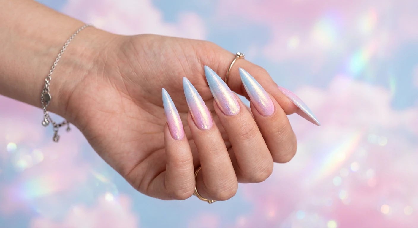 A beautiful macro photograph of one hand featuring long stiletto nails with a seamless vertical ombre gradient, blending soft pastel baby pink on one side into pastel sky blue on the other. The nails are coated entirely in a multi-chromatic unicorn pearl powder that reflects vivid flashes of gold, pink, and blue. High-resolution, sharp focus ONLY on the nails and hand, with no faces visible. Aesthetic background of soft, dreamy pastel clouds and glowing iridescent light flares. Modern, Instagram-worthy beauty photography style., macro nail photography, high quality, Instagram-worthy, clean composition