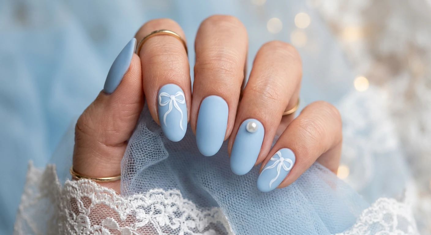 A beautiful macro photograph of one hand featuring medium-length oval-shaped nails painted in a pastel baby blue polish with a velvety, completely flat matte finish. The index and pinky fingers showcase small, hand-painted white coquette ribbons with trailing tails, while the ring finger features a small, shiny 3D pearl charm securely placed. High-resolution, sharp focus on the nails and hand only, no faces visible. Modern, Instagram-worthy photography style with an aesthetic background of soft blue tulle, delicate white lace, and subtle bokeh., macro nail photography, high quality, Instagram-worthy, clean composition