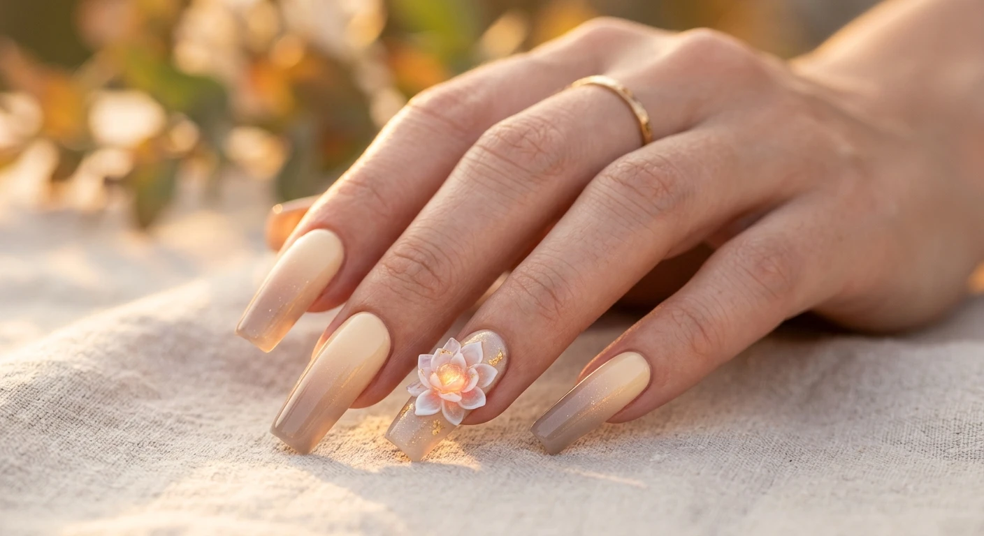 A beautiful macro photograph of one hand featuring long square nails with a seamless gradient ombré fading from warm cream at the cuticles to a soft, translucent taupe at the tips. The focal point is the ring finger, which showcases a breathtaking, handcrafted 3D translucent acrylic lotus flower accented with a subtle gold glow. High-resolution, sharp focus on the nails. Aesthetic background of warm, glowing golden hour light with dreamy, soft bokeh. Modern, ethereal, Instagram-worthy photography style. No faces visible, focus ONLY on the nails and hand., macro nail photography, high quality, Instagram-worthy, clean composition