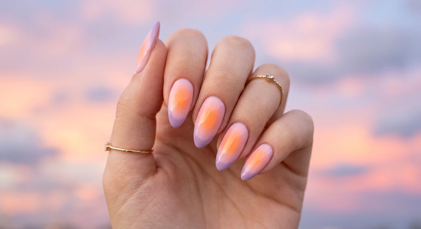 A beautiful macro photograph of one hand featuring medium-length almond nails with a stunning aura-style radial gradient. The center of each nail glows with a soft, warm tangerine color that diffuses seamlessly outward into a sweet, creamy baby pink, while the outermost edges are framed in a soft, dusty lilac purple. High-resolution, sharp focus on the nails, set against an aesthetic softly blurred pastel cotton candy sky background. Modern, Instagram-worthy photography style, no faces visible., macro nail photography, high quality, Instagram-worthy, clean composition