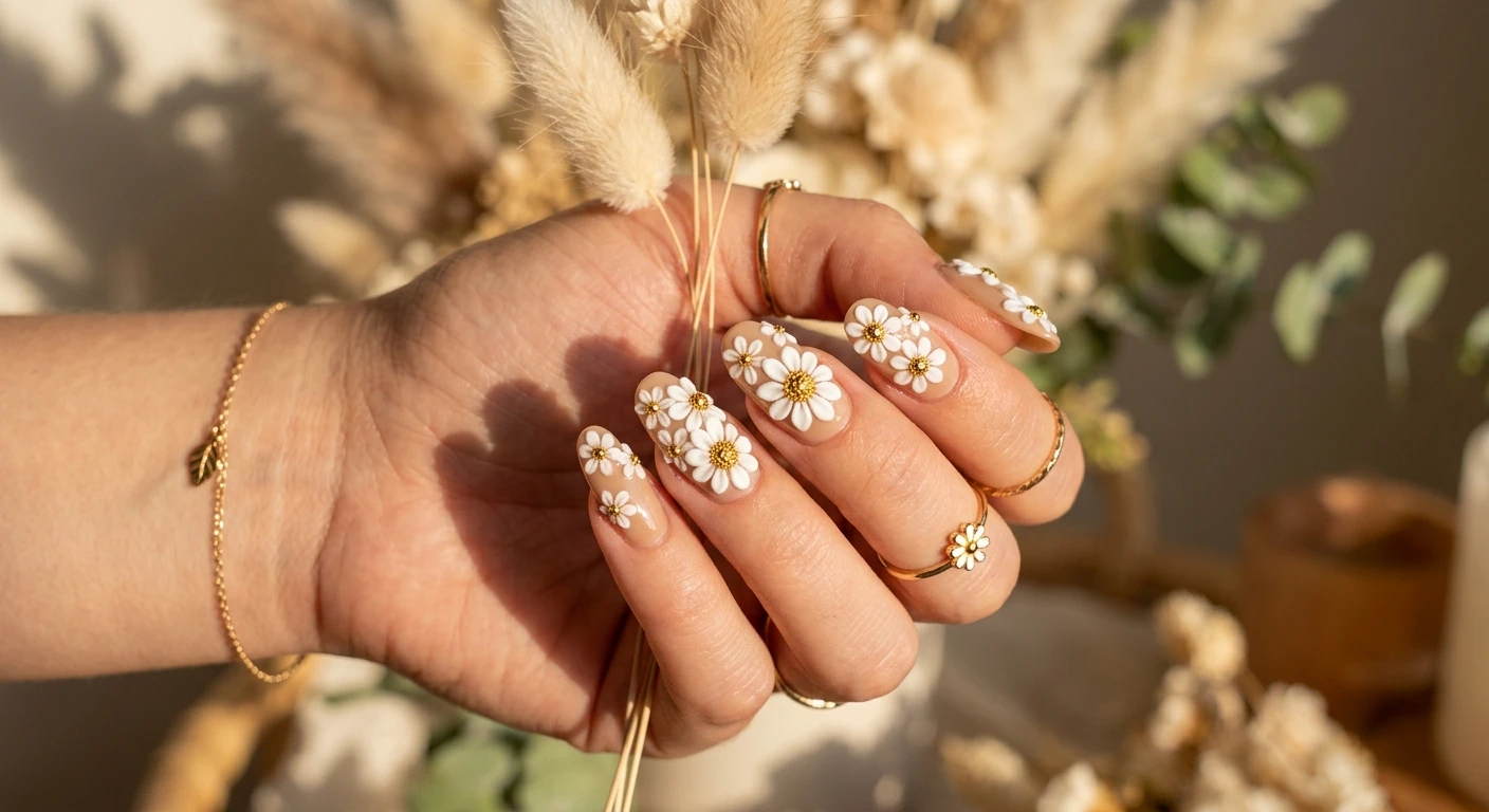 A beautiful macro photograph of one hand flaunting a lush golden hour garden party nail design. The nails are styled with a rich beige base and heavily layered with an intricate, abundant cluster of 3D white daisies of varying sizes, all featuring dazzling, reflective gold caviar bead centers. High-resolution, razor-sharp focus on the intricate floral nail texture. Shot under warm, glowing golden hour sunlight that casts soft, dreamy shadows. The beautifully blurred background features dried neutral florals and pampas grass. Highly aesthetic, modern Instagram-worthy lifestyle photography. No faces visible, focus exclusively on the glowing nails and hand., macro nail photography, high quality, Instagram-worthy, clean composition
