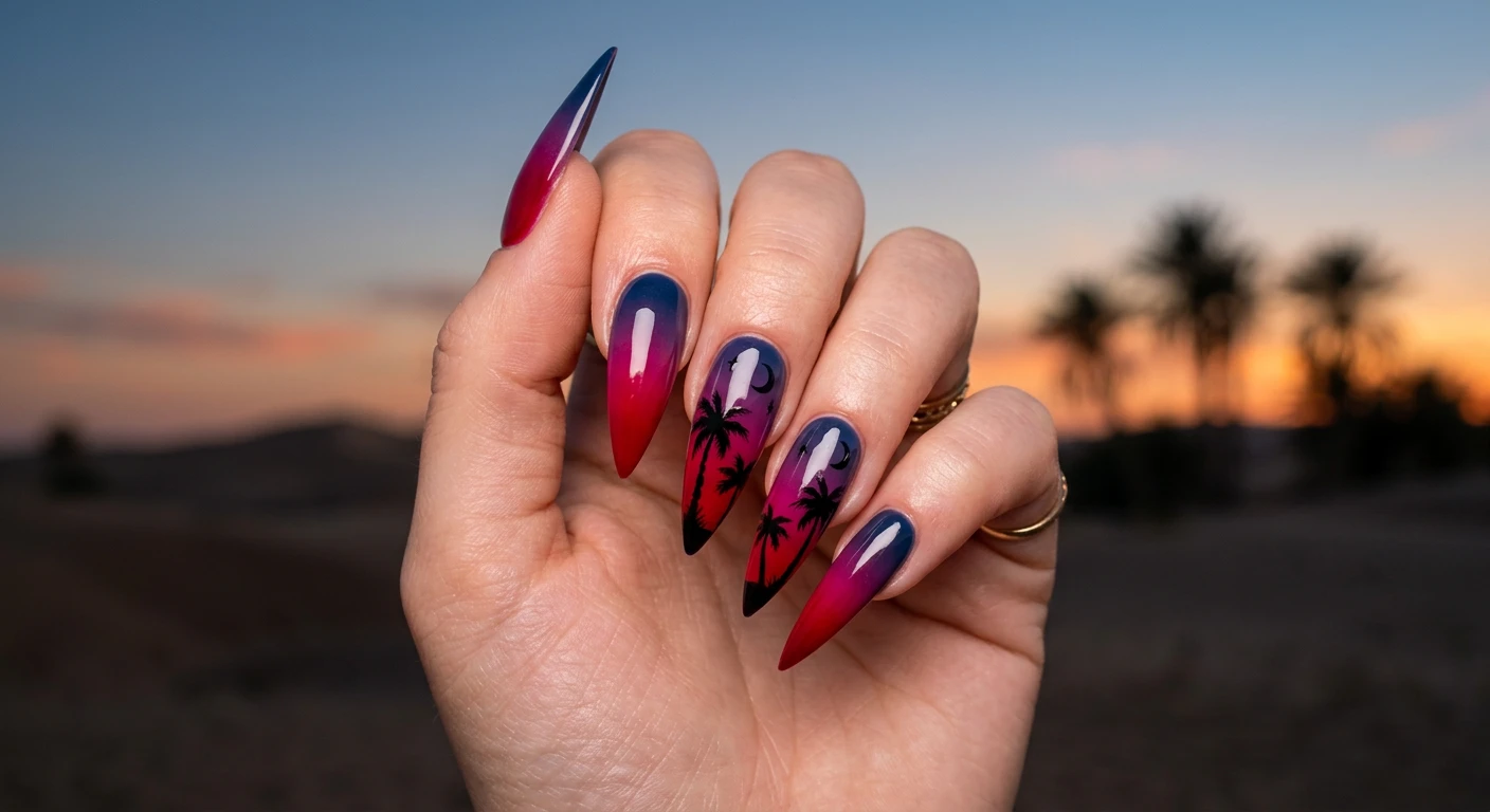 A beautiful macro photograph of one hand flaunting extra-long stiletto nails with a dramatic, heavily pigmented three-color gradient. The base starts as a vivid crimson red, fading up the middle into a saturated magenta, and settling into a deep twilight blue at the very sharp tips. Tiny, precise, pitch-black palm tree silhouettes are painted across the design. High-resolution, sharp focus on the nails, set against an aesthetic softly blurred desert horizon background at dusk. Modern, Instagram-worthy photography style, no faces visible., macro nail photography, high quality, Instagram-worthy, clean composition