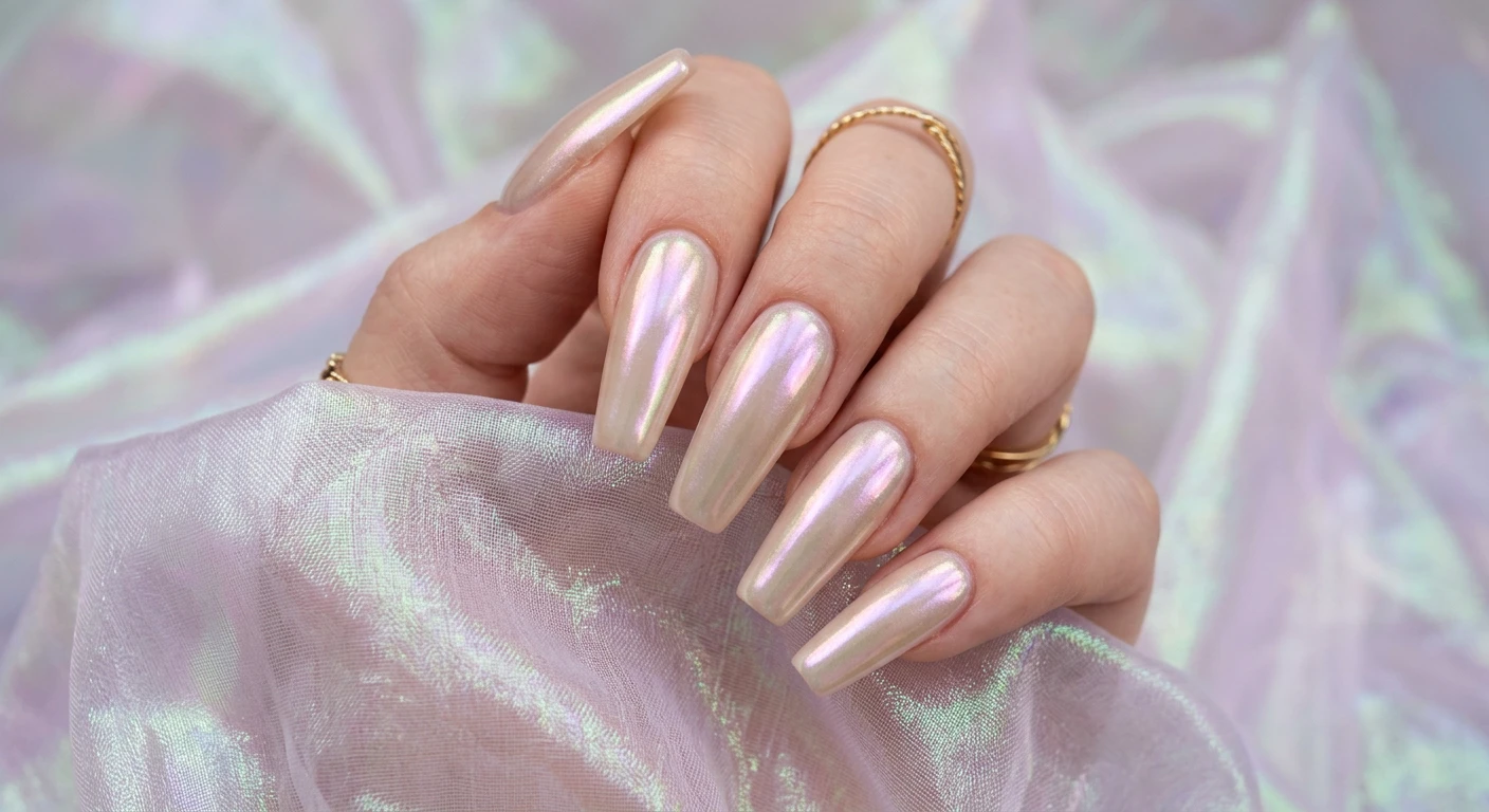 A beautiful macro photograph of one hand flaunting long, elegant coffin-shaped nails with an iridescent glazed donut dust effect. The manicure features a single flawless layer of sheer milky beige polish heavily coated in deeply rubbed-in pearlescent chrome powder, reflecting brilliant, shifting flashes of soft pink, delicate lilac, and pale green. High-resolution, sharp focus capturing every light-catching shimmer. The hand poses delicately over rumpled, shimmering iridescent organza fabric. Modern, trendy Instagram-worthy photography style. No faces visible, with the absolute focus on the luminous nails and hand., macro nail photography, high quality, Instagram-worthy, clean composition
