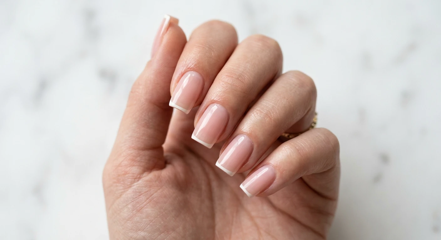 A beautiful macro photograph of one hand highlighting a minimalist micro French manicure on medium-length square nails. The design features a glossy, ultra-sheer blush pink jelly polish with an incredibly thin, barely-there micro line painted in crisp, opaque cream-white polish on the tips. High-resolution, sharp focus on the crisp nail details. The hand is posed gently against a clean white marble background bathed in soft, diffused natural lighting. Modern, Instagram-worthy photography style. No faces visible, focus ONLY on the nails and hand., macro nail photography, high quality, Instagram-worthy, clean composition