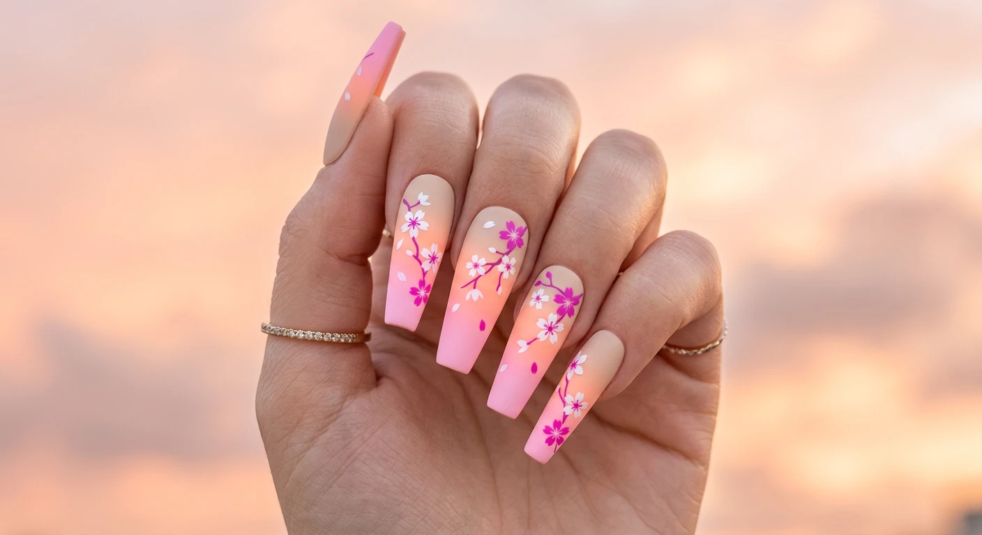 A beautiful macro photograph of one hand highlighting long coffin-shaped nails with a matte pastel gradient bloom design. The nails display a seamless vertical gradient transitioning from pale sandy beige at the cuticle to soft peach and bright baby pink at the tips, all finished with a smooth matte topcoat. Crisp white and bright magenta cherry blossom silhouettes are overlaid onto the sunset-inspired background. High-resolution, sharp focus on the nails. The background is an aesthetic, dreamy soft-focus peach sky. Modern, Instagram-worthy beauty photography style. No faces visible, focus ONLY on the nails and hand., macro nail photography, high quality, Instagram-worthy, clean composition