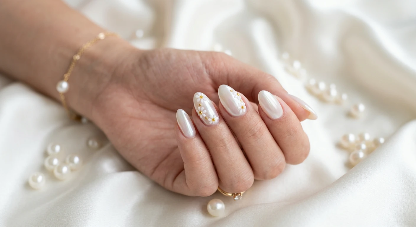 A beautiful macro photograph of one hand highlighting sheer pearl elegant nails adorned with delicate 3D mini daisies. High-resolution, sharp focus on the luminous, milky-white base and tiny floral petals. Aesthetic background of draped white silk and scattered loose pearls with a shallow depth of field. Modern, Instagram-worthy luxury photography style. No faces visible, focus ONLY on the nails and hand., macro nail photography, high quality, Instagram-worthy, clean composition