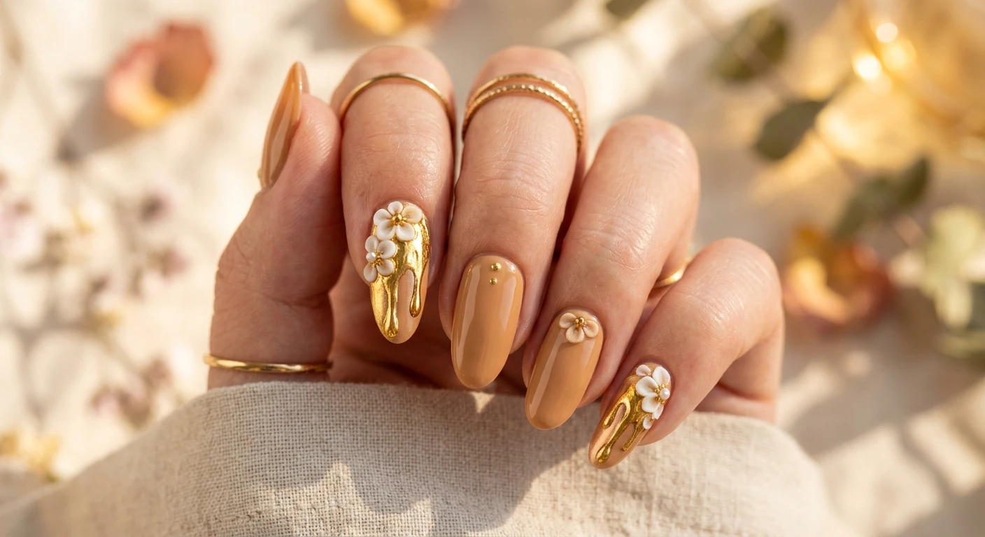 A beautiful macro photograph of one hand highlighting a flawless, warm opaque tan nail design. Brilliant, highly reflective gold foil cascades in a molten "drip" effect down the outer sides of the index and pinky fingers, complemented by elegant 3D floral petals. High-resolution, sharp focus on the nails. The aesthetic background captures a warm golden hour glow with soft, dappled light and delicate floral shadows. Modern, Instagram-worthy photography style. No faces visible, focus ONLY on the nails and hand., macro nail photography, high quality, Instagram-worthy, clean composition